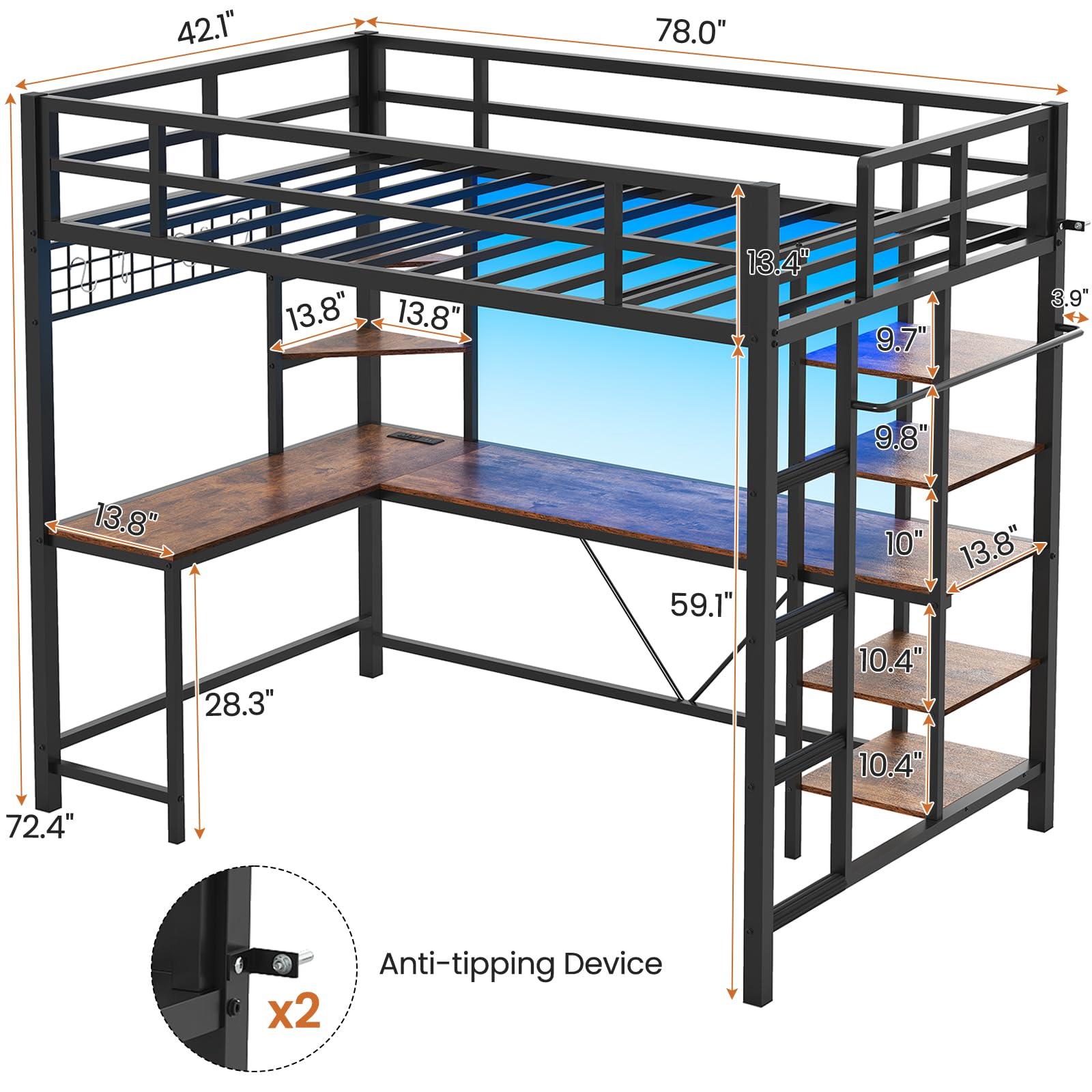 Twin Loft Bed with L-Shaped Desk and Storage Shelves