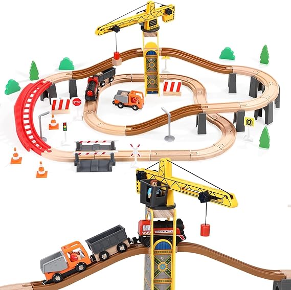 117 Pcs Busy Port City Train Set for Kids- Expandable & Changeable Wooden Train Track Set