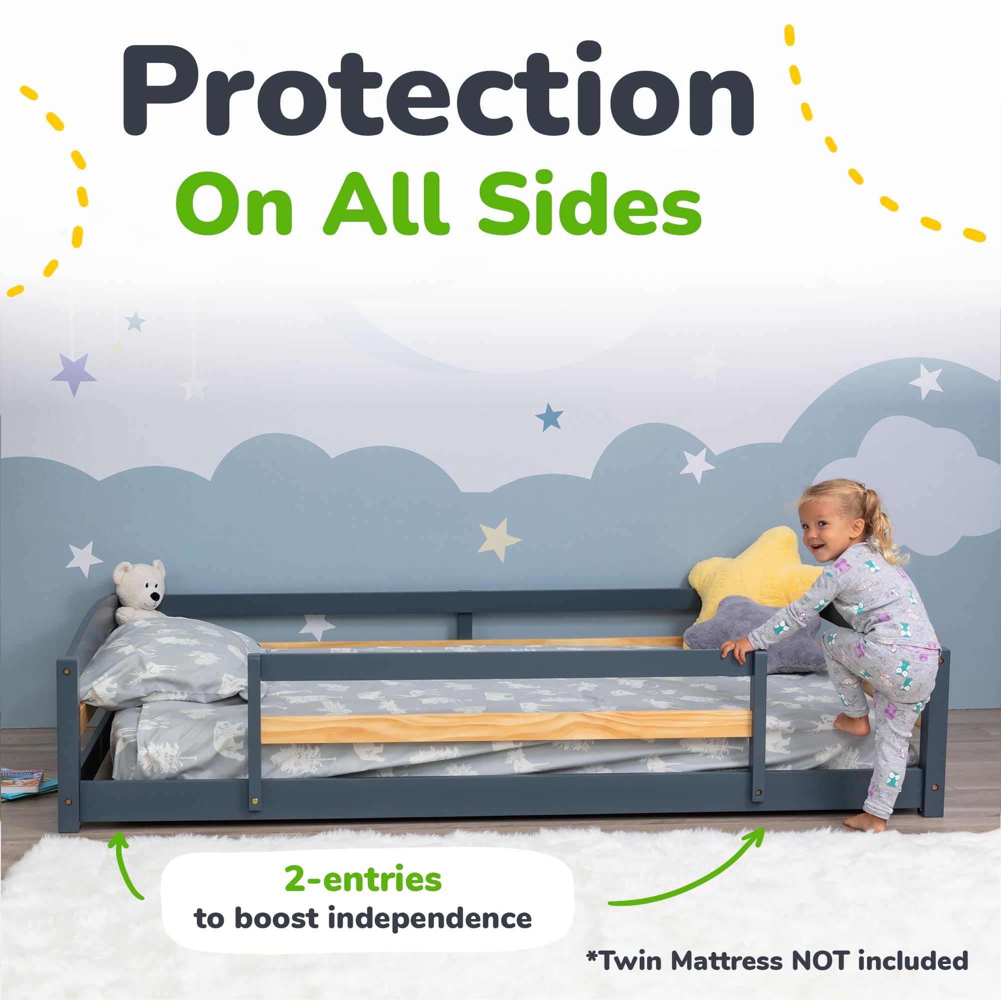 Twin Floor Bed with Safety Guardrails for Kids