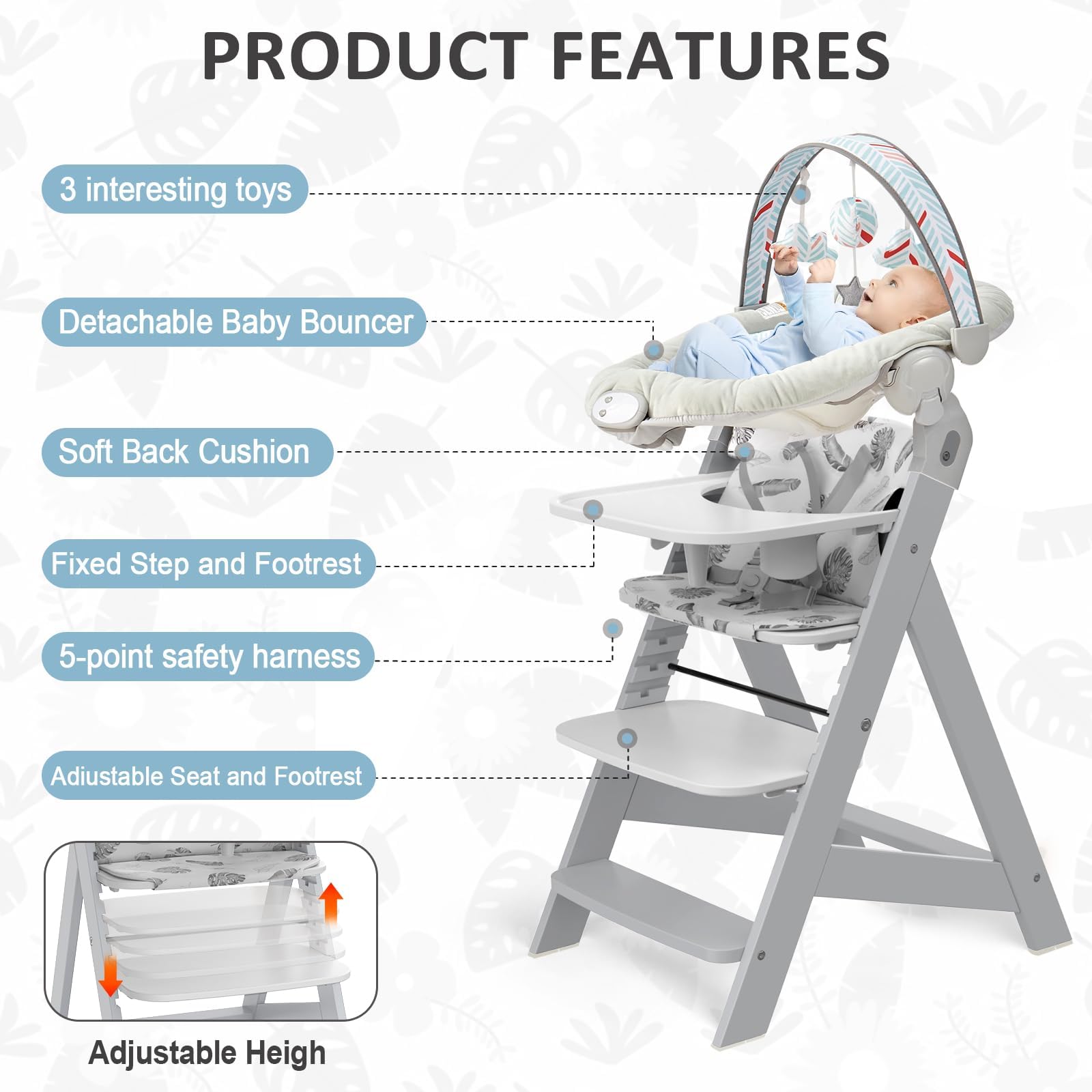 Adjustable Wooden High Chair with Tray