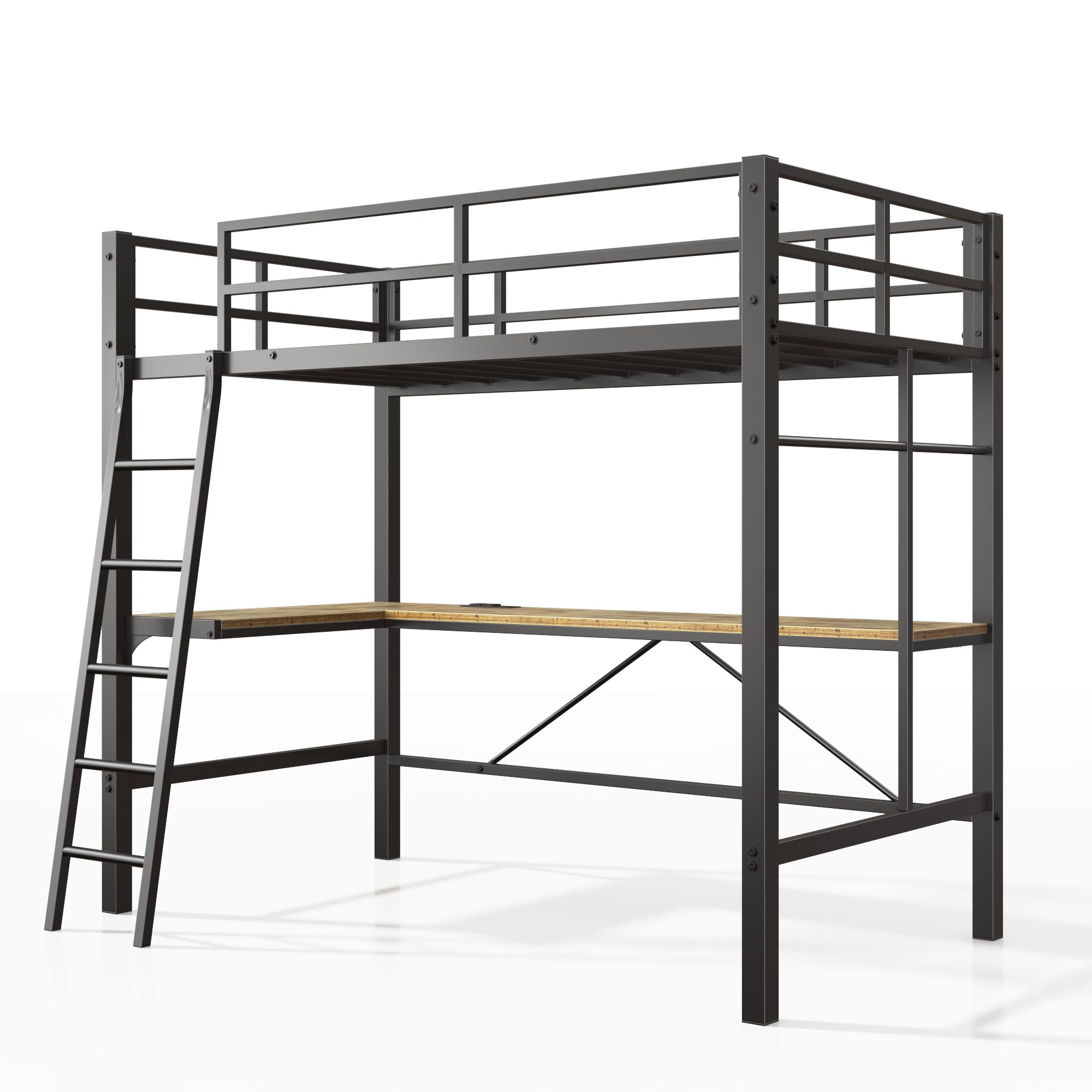 Metal Loft Bed Twin Size with Desk, Heavy Duty Twin Bed Frame