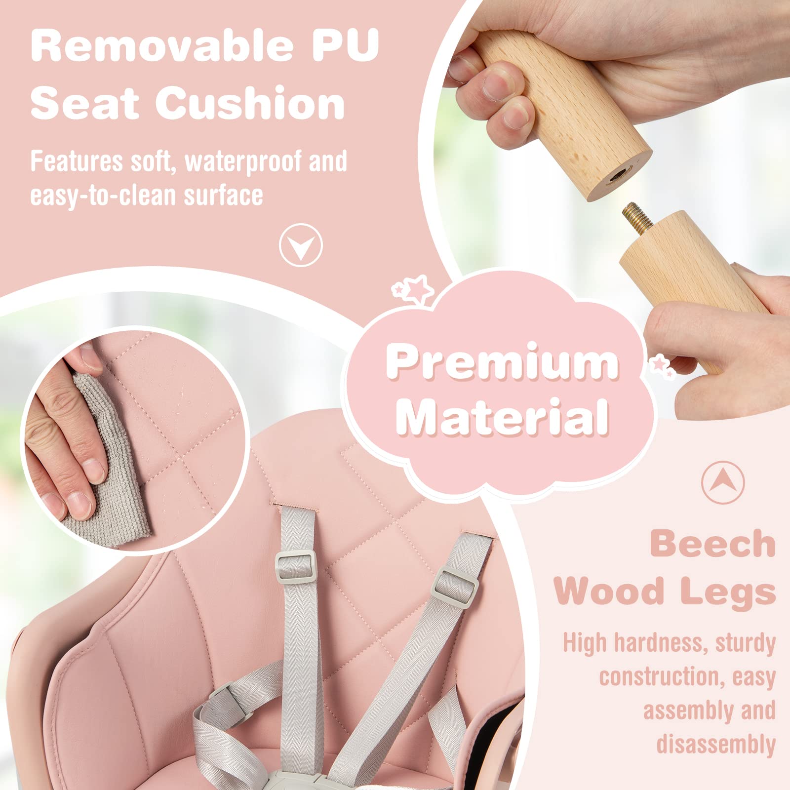 6-in-1 Convertible Wooden Baby High Chair with Adjustable Legs and Removable Tray