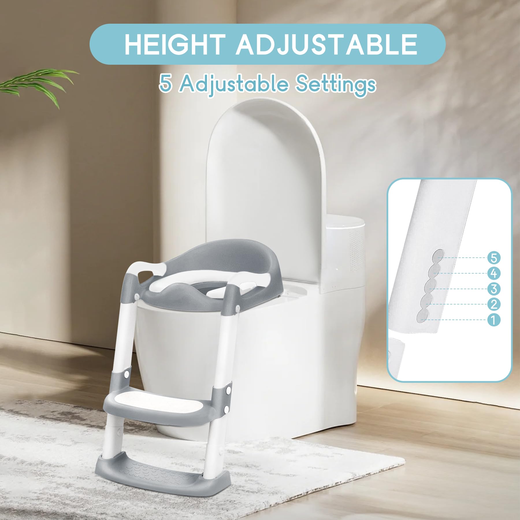 COOSEYA Potty Training Toilet with Step Stool Ladder, Toddler Kids Potty Training Seat for Boys Girls, Foldable Anti-Slip Toilet Toddler Seat Splash Guard Soft Cushion Safety Handles (Grey)