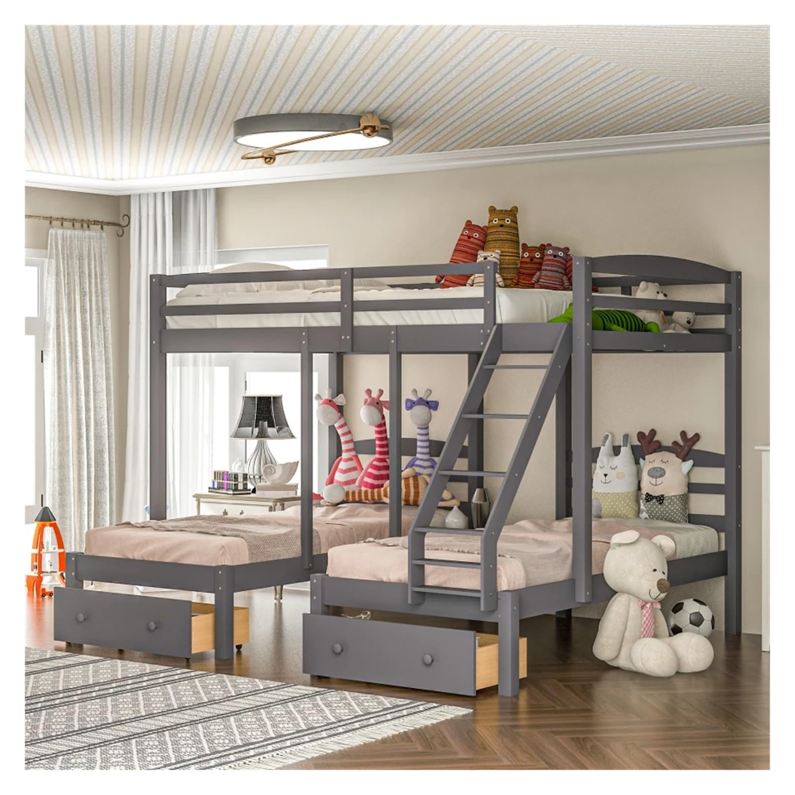 Full Over Twin & Twin Bunk Triple Bunk Bed with Drawers,Modern Style