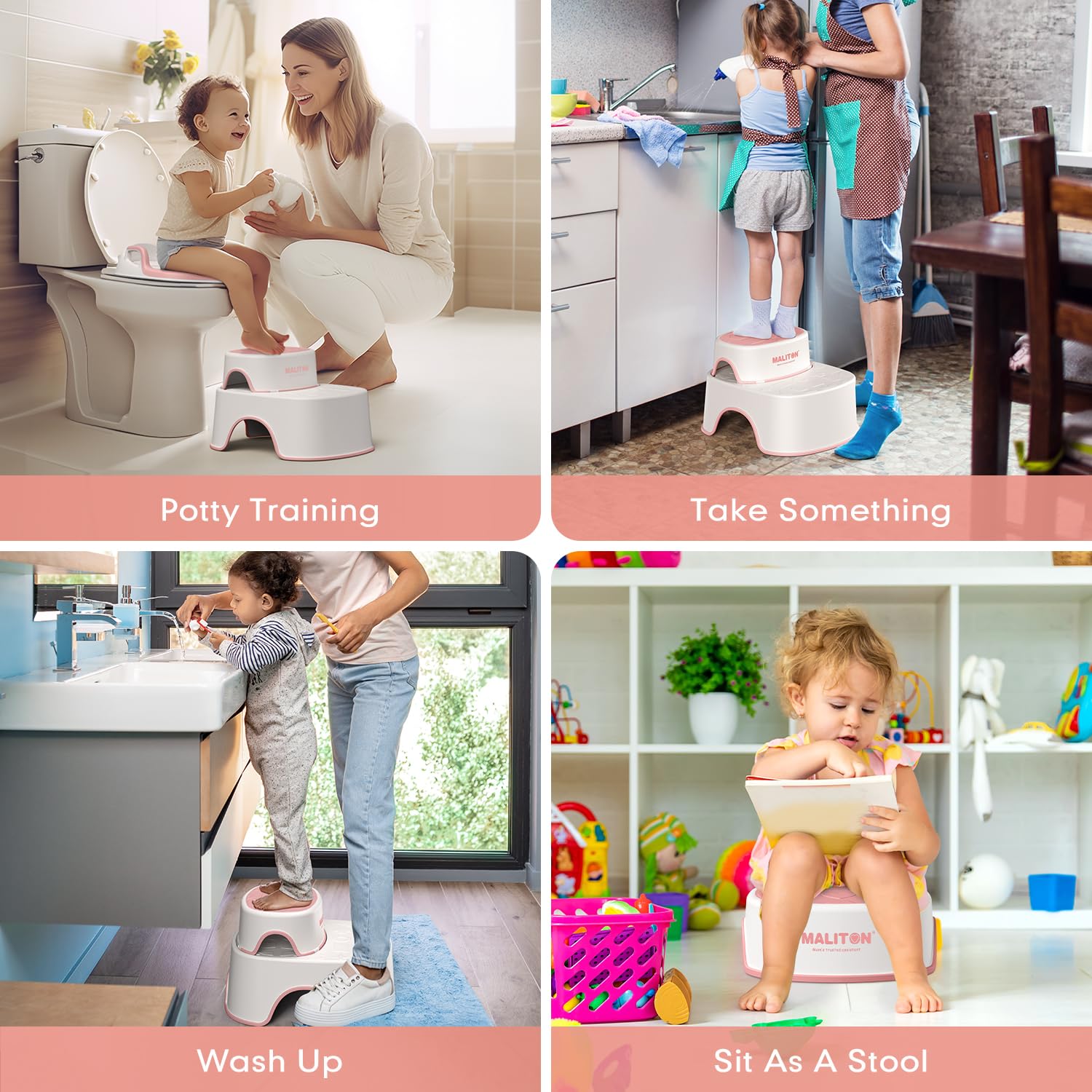 Potty Training Seat with Step Stools, Maliton Potty Training Toilet for Toddlers Girls with Splash Guard, Anti-Slip Toddler Stool for Bathroom, One Potty Seat and 2 in 1 Step Stool for Kids (Pink)
