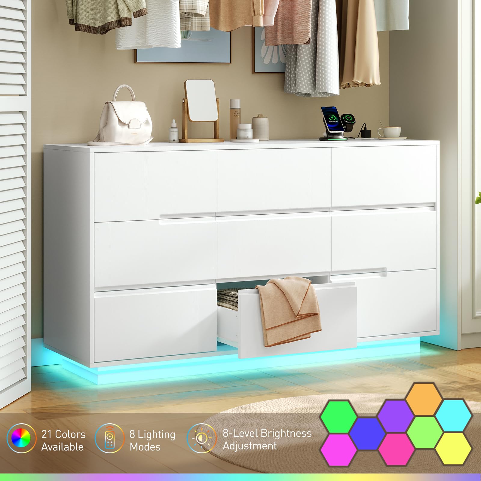 9 Drawer White Dresser with Charging Station and LED Lights