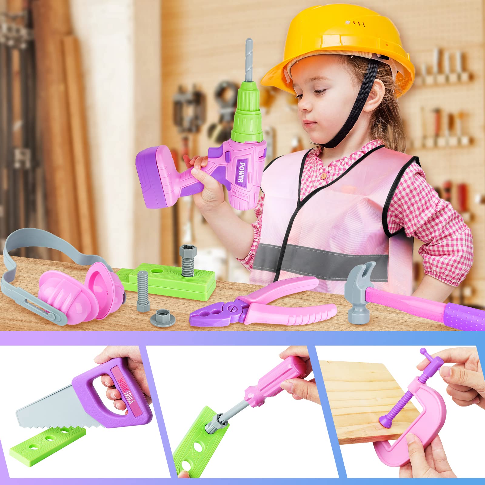 Electric Toy Drill Tool Box for Girls, Pink Toddler Tool Set