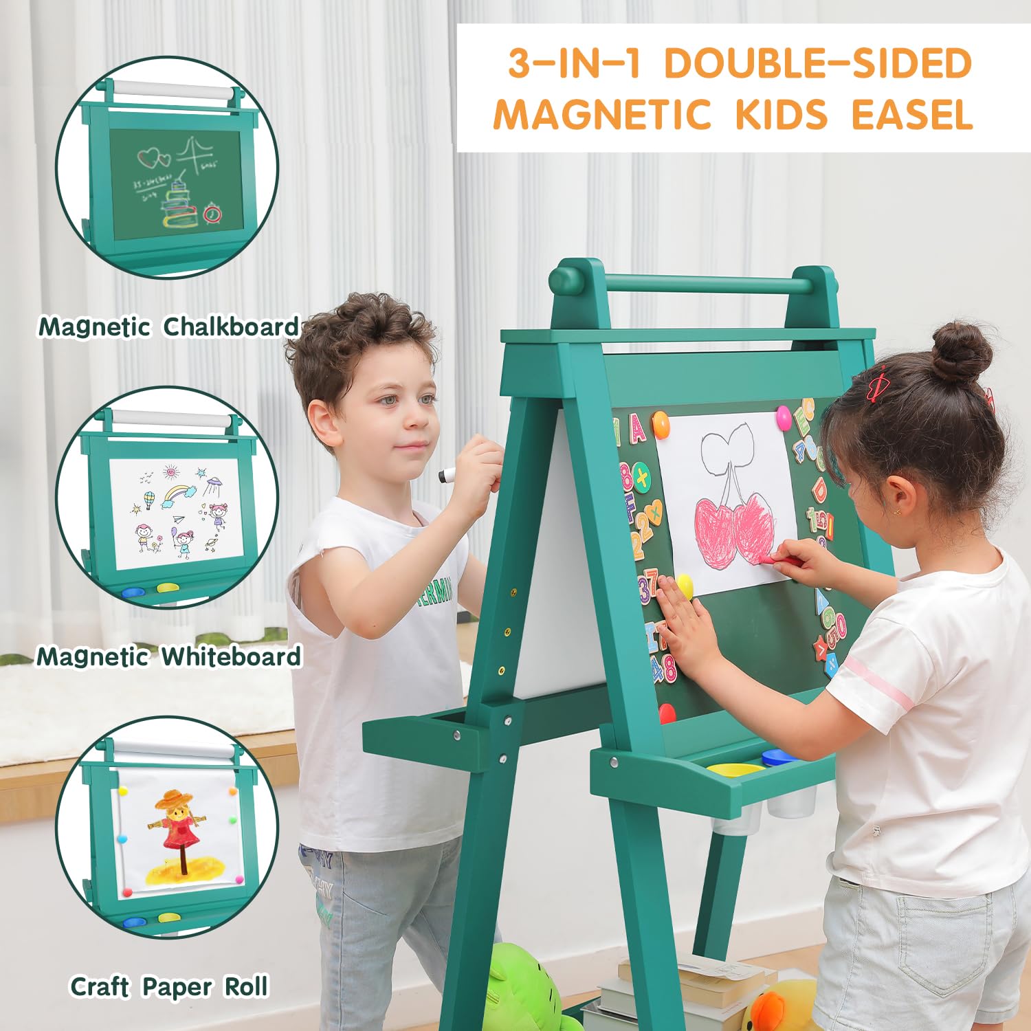 JUZBOT Easel for Kids Deluxe Foldable All-in-1 Toddler Easel with Paper Roll& 84pcs Accessories Magnetic Chalk-Whiteboard Art Center for Kids 3 4 5 6 7 8 Years Old Boys Girls-Green