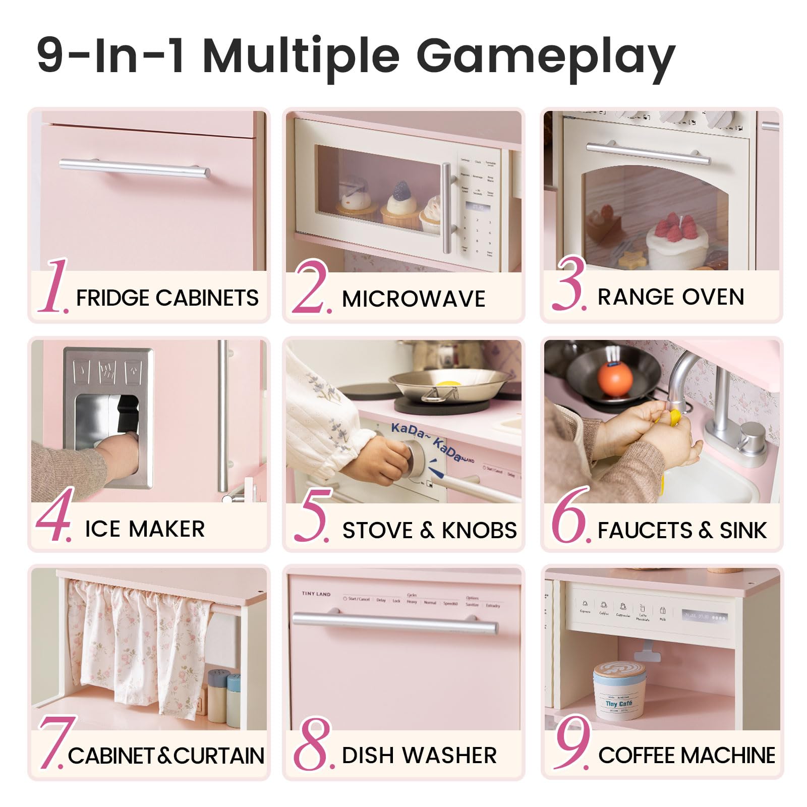 Wooden Play Kitchen Set with Complete Play Areas for Kids Ages 3+