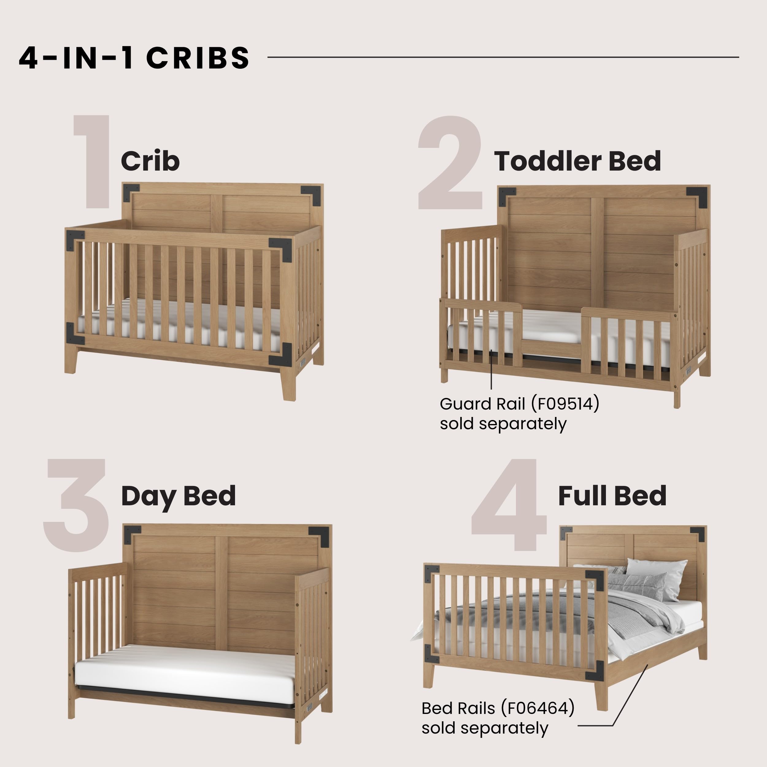 4-in-1 Convertible Baby Crib with Adjustable Mattress