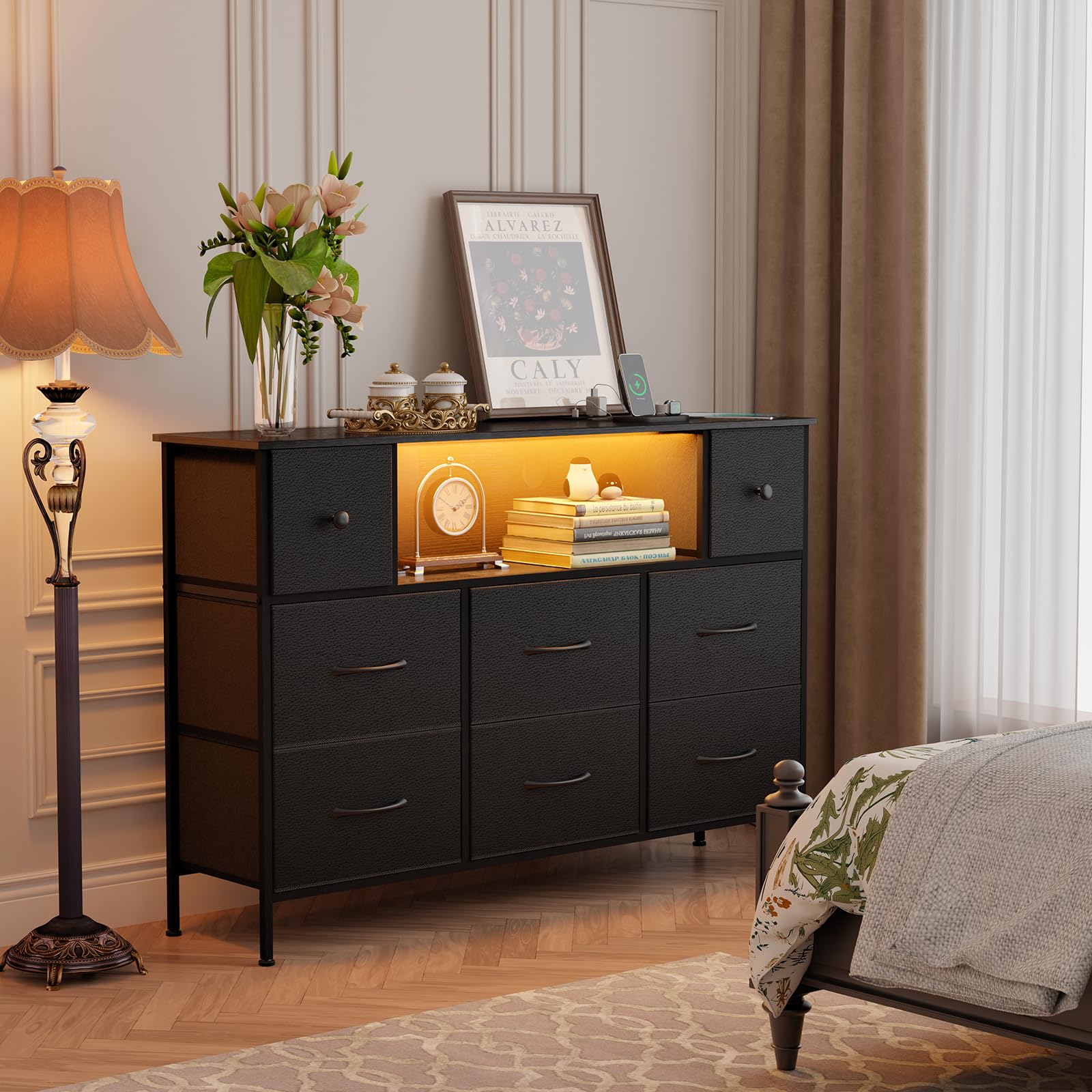 8-Drawer Dresser TV Stand with Charging Station and LED Lights