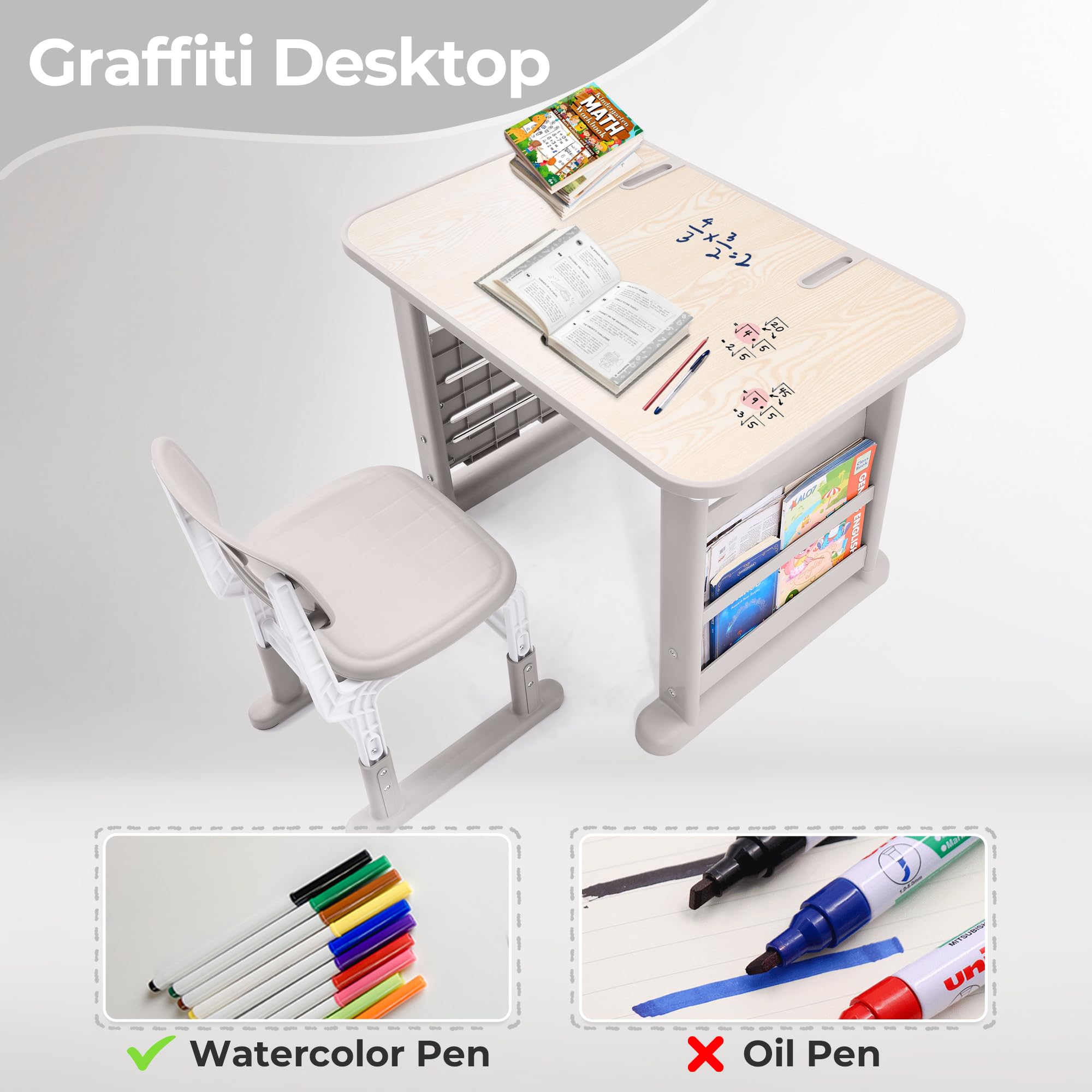 Height Adjustable Kids Desk and Chair Set with Bookshelf