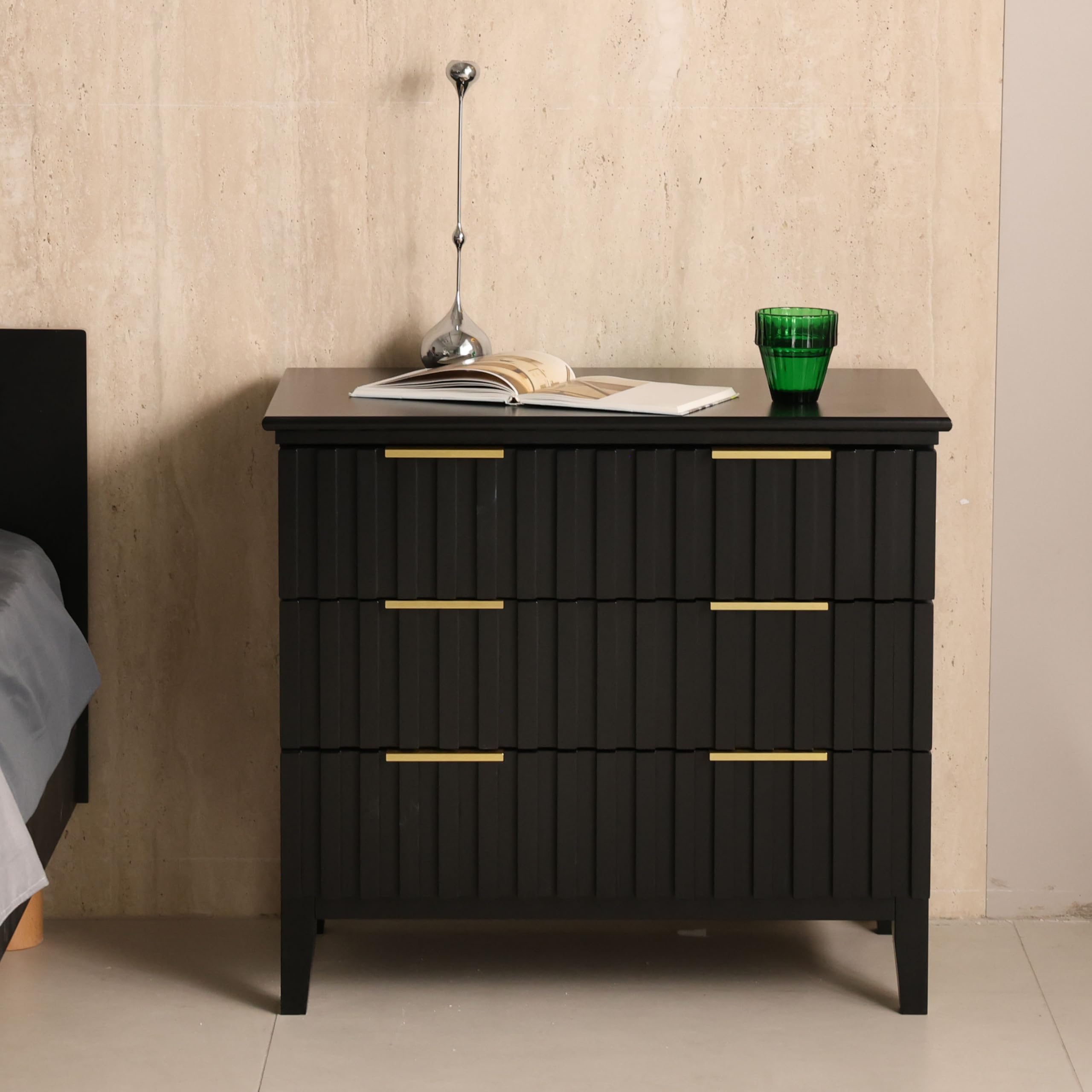 3 Drawer Dresser with Fluted Front and Golden Handles