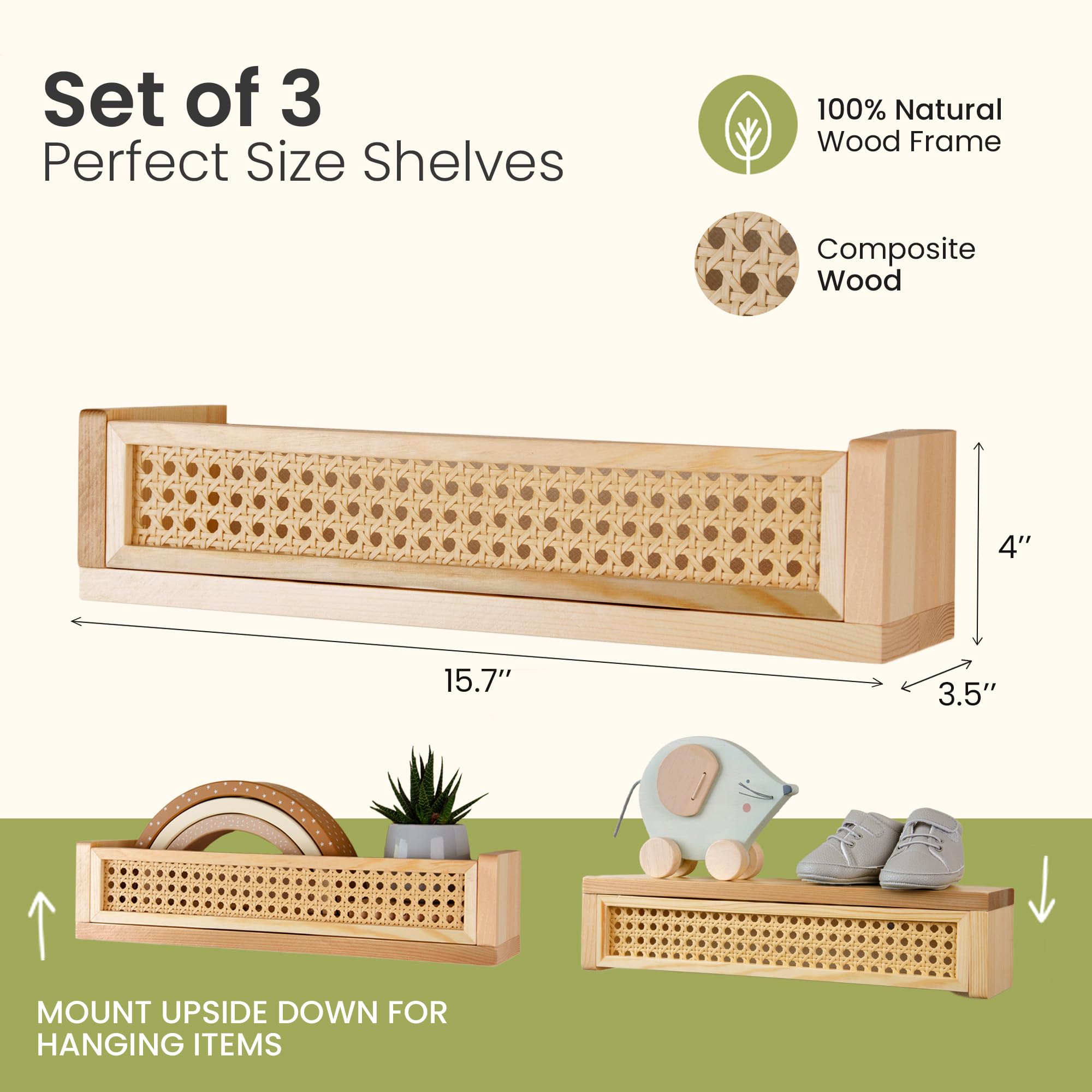 Rattan Wall Shelf 3-Pack Floating Bookshelf for Nursery