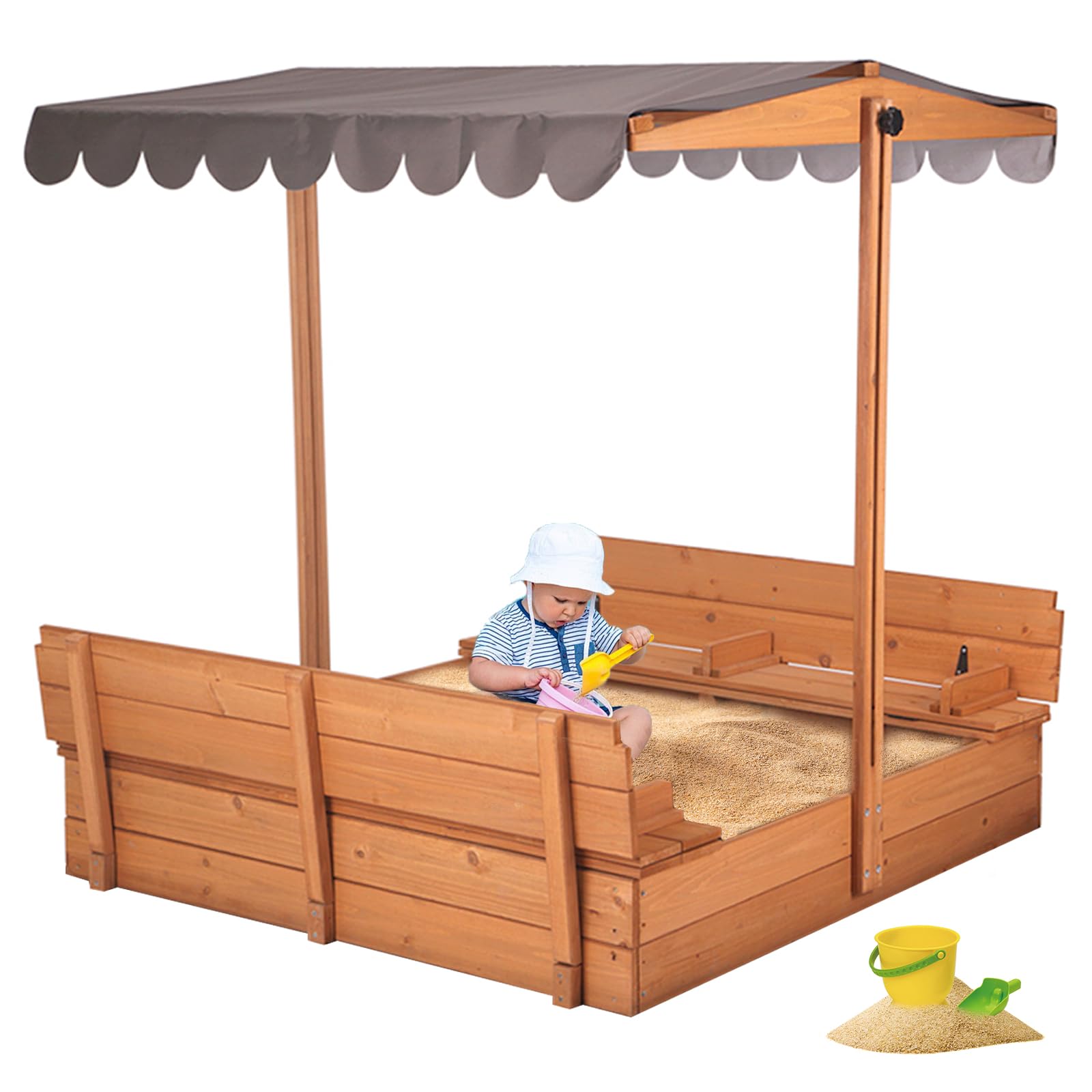 Wooden Sandbox with Canopy and Foldable Bench Seats