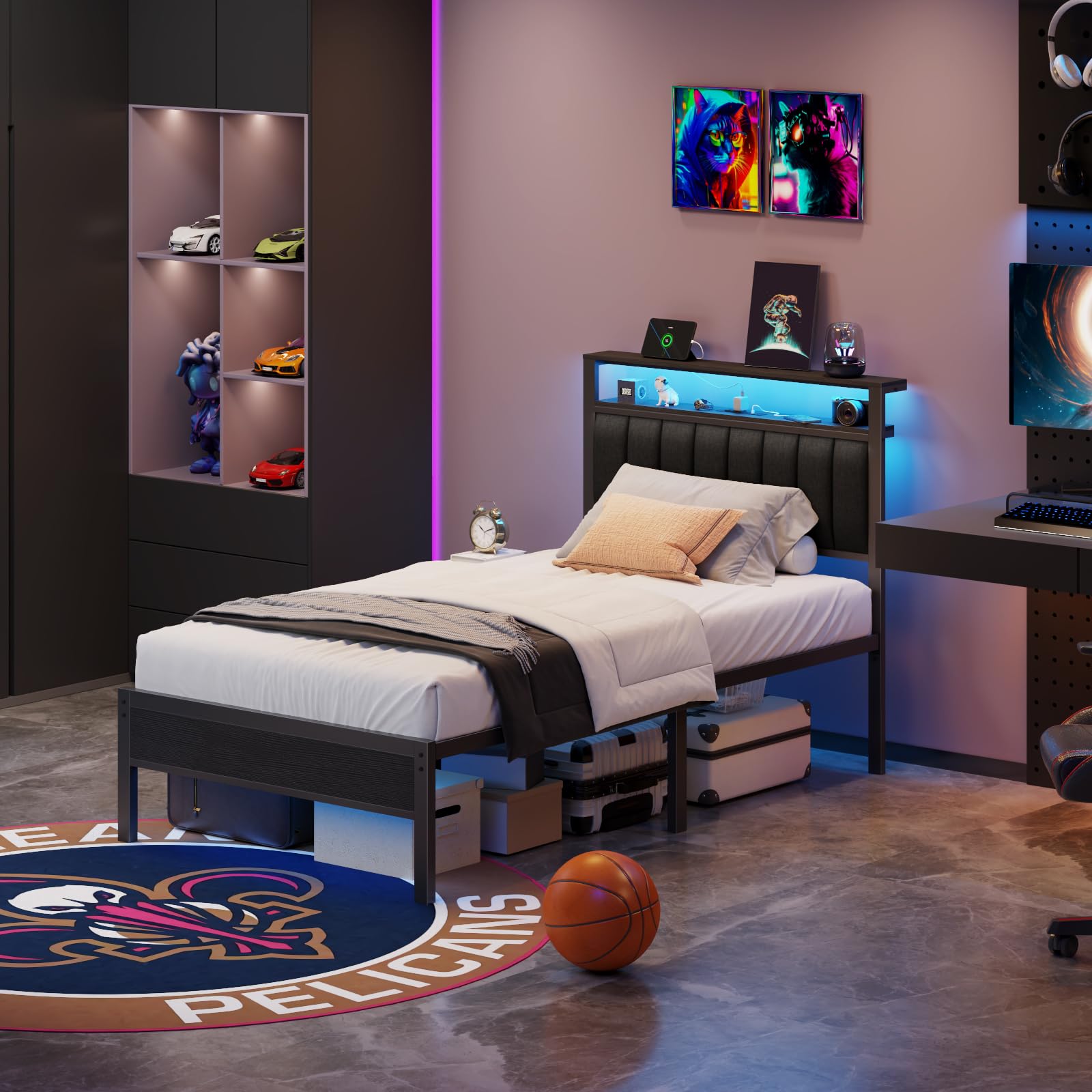 Twin Bed Frame with LED Lights and Charging Station