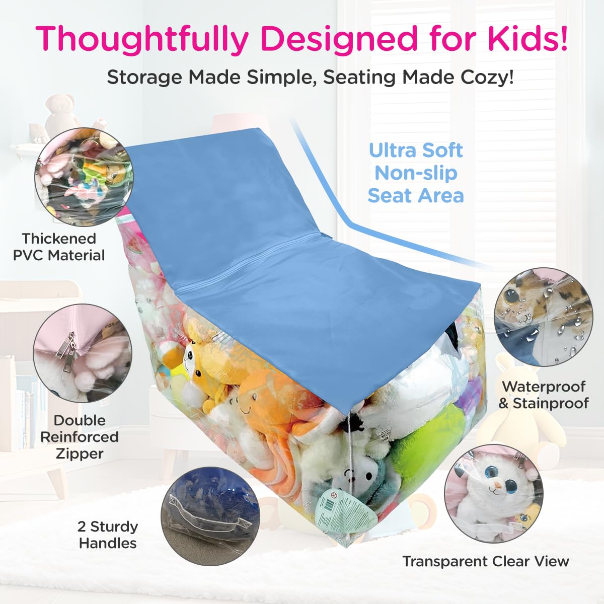 Stuffed Animal Storage Chair Bean Bag with Clear Window