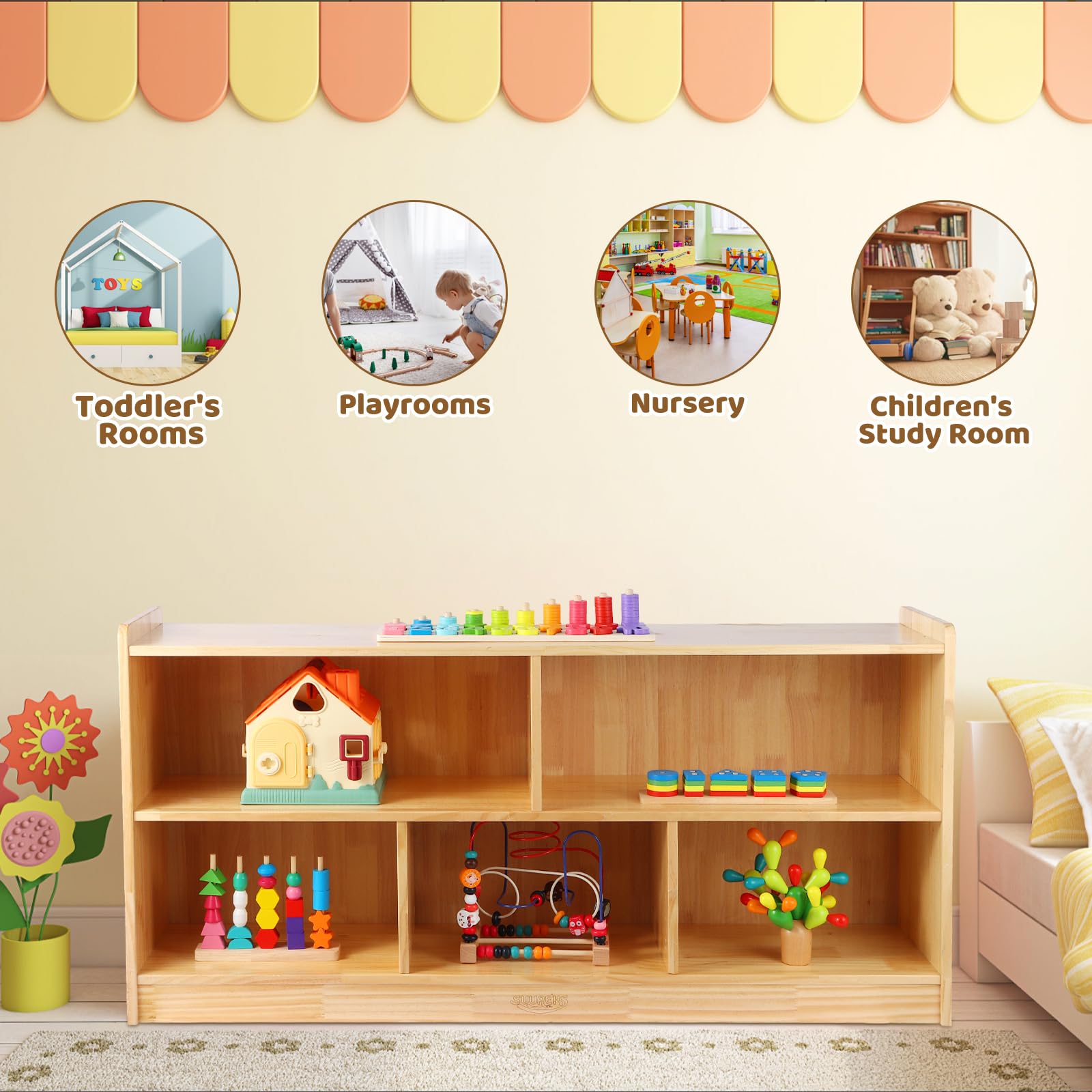 Montessori Wooden Toy Storage Shelf with Bookshelf and Storage Bins