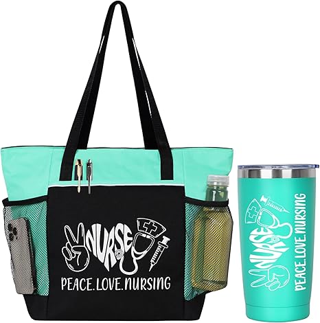 Peace, Love Nursing - 2 Piece Set: Zippered Tote Bag & Insulated Tumbler
