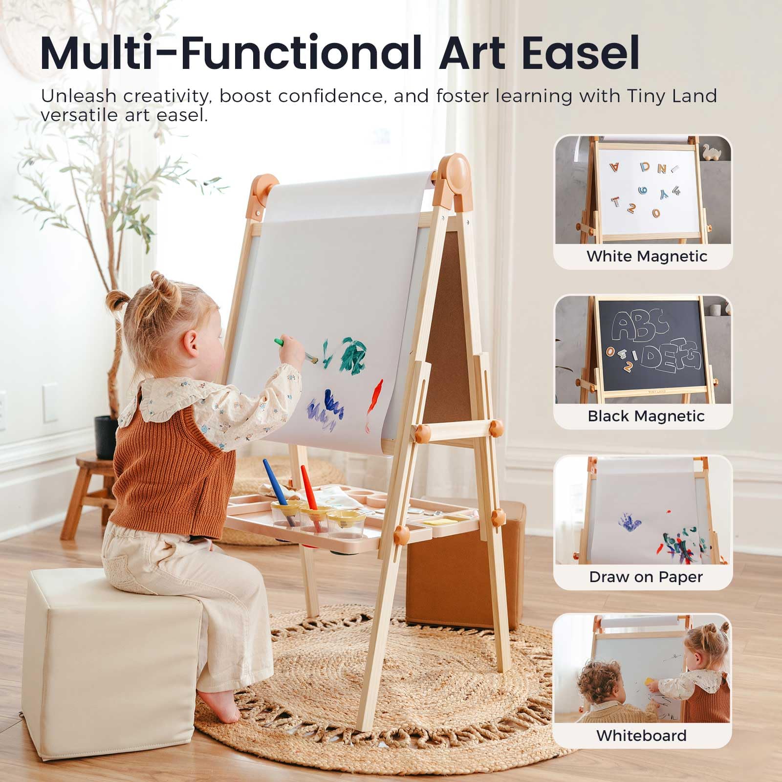 Double-Sided Magnetic Wooden Kids Art Easel with Paper Roll