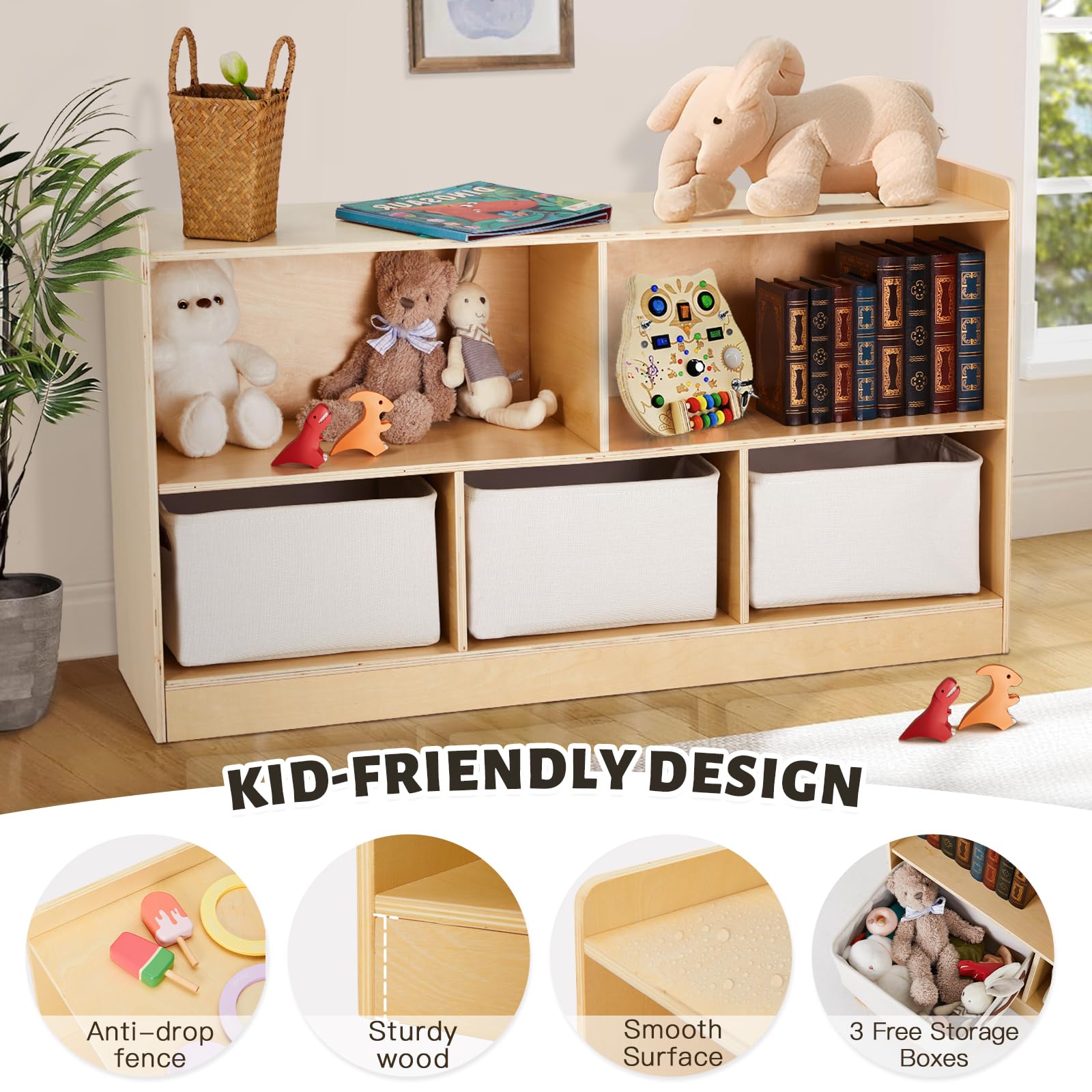 Wooden Toy Storage Organizer with Bookshelf - 5 Section Cabinet for Kids Room