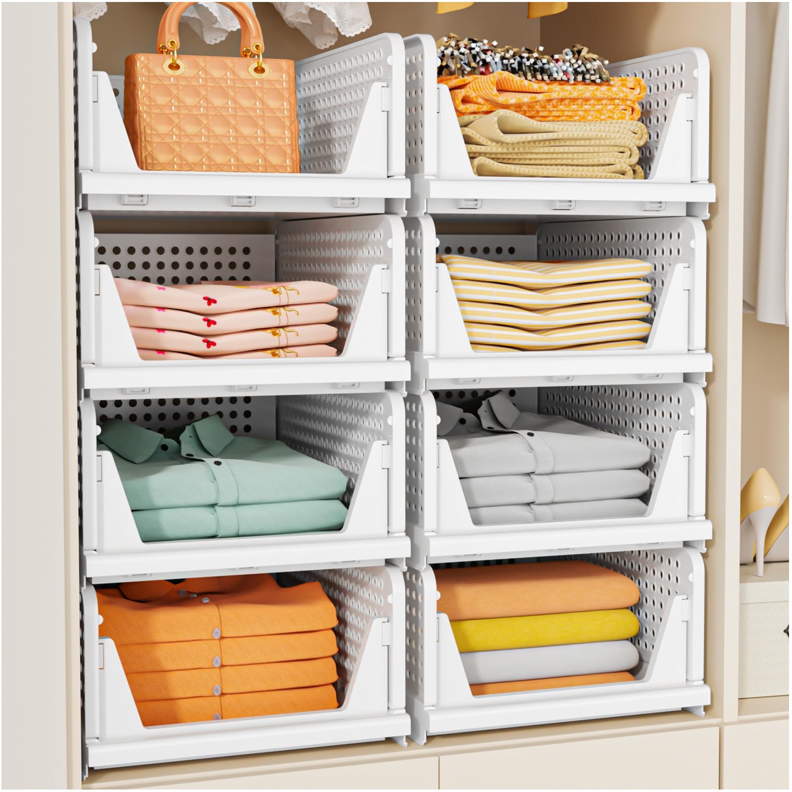 Stackable Closet Storage Basket - 5 Pack Foldable Organizer Bins