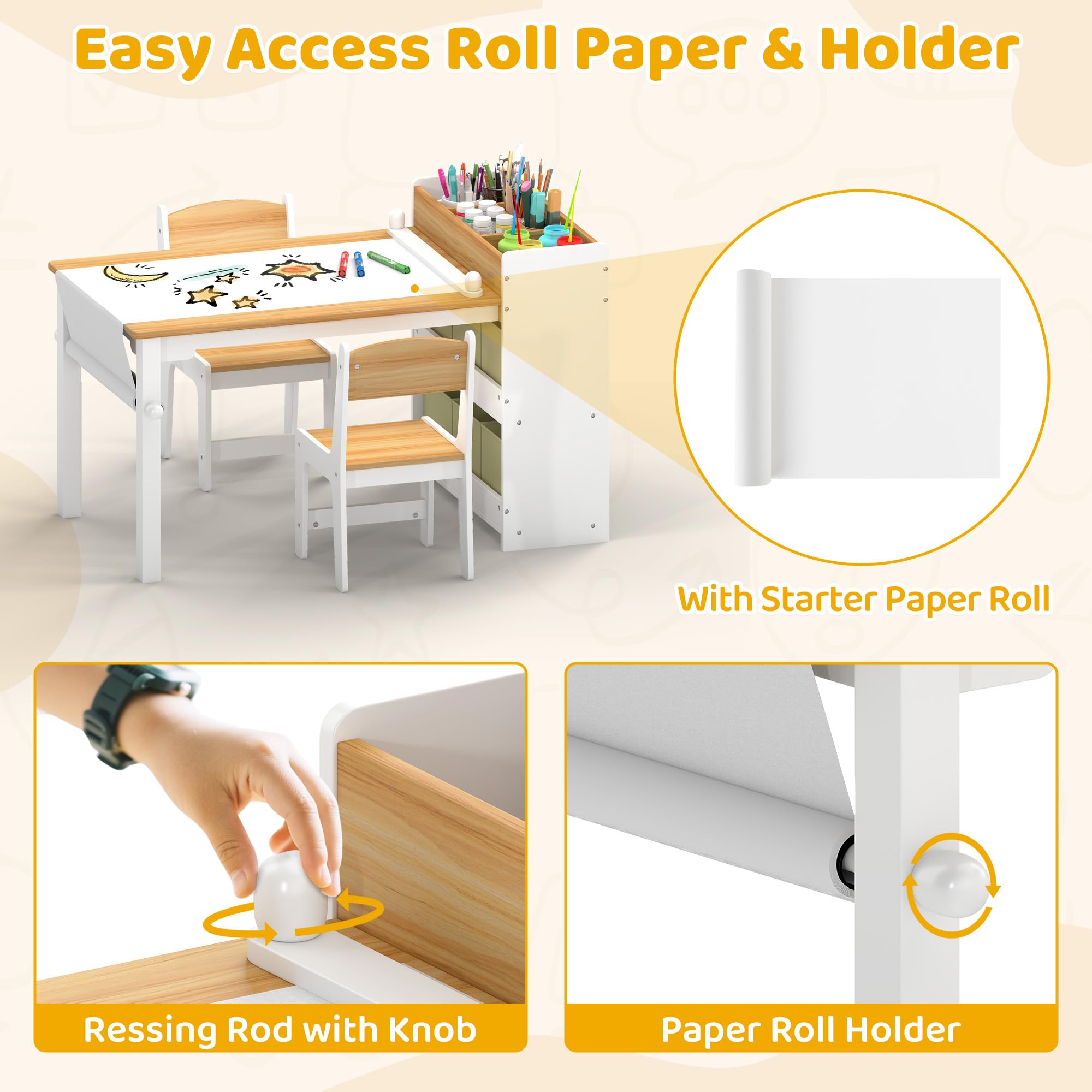 Kids Art Table and Chair Set with Storage Bins and Paper Roll