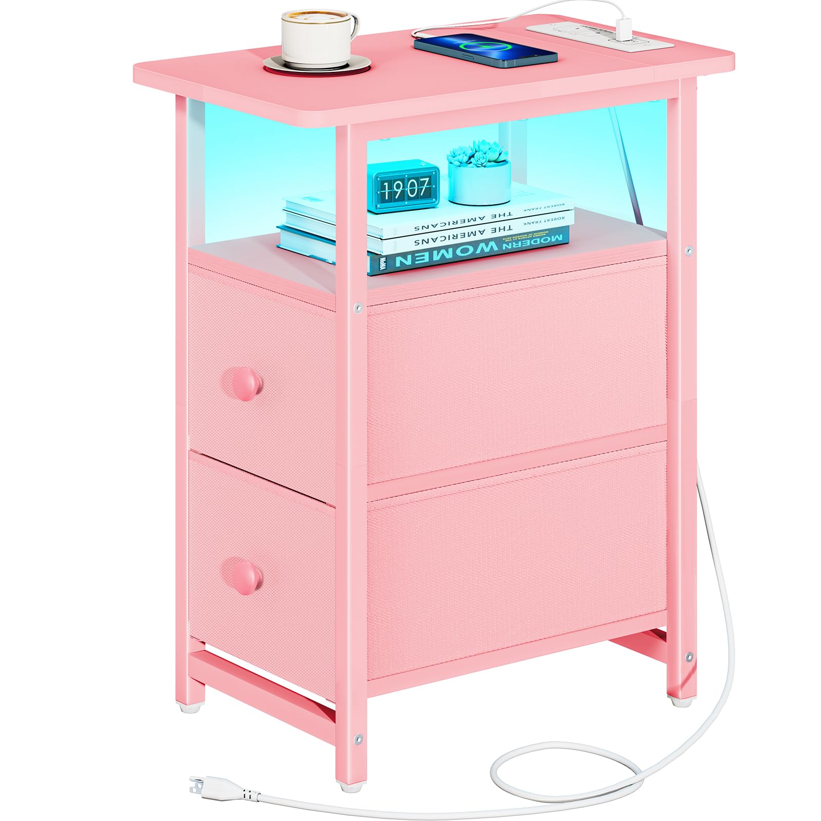 LED Nightstand with Charging Station and Fabric Drawers
