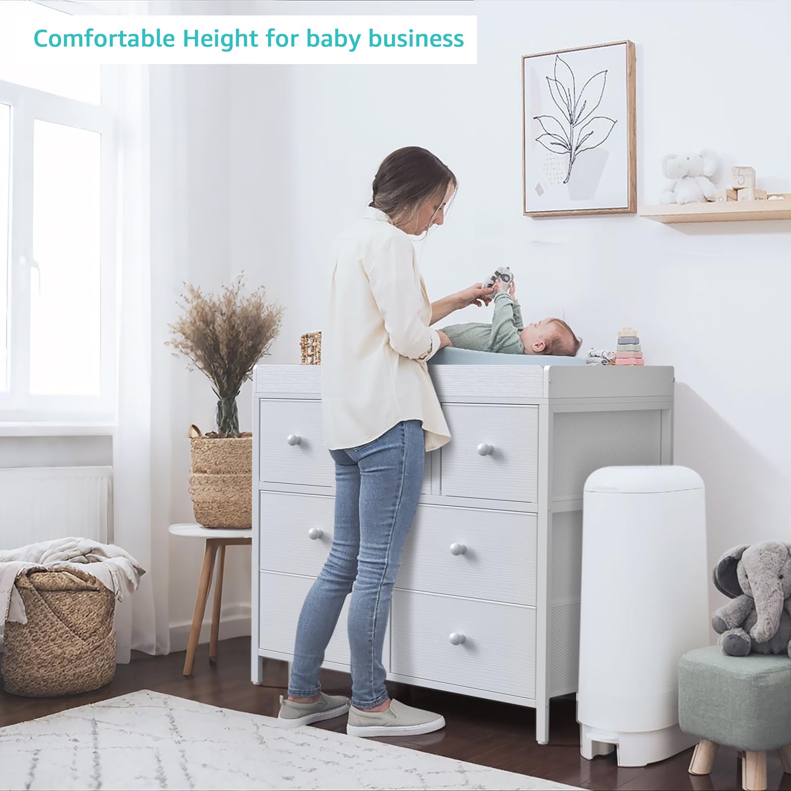 Baby Changing Table Dresser with 7 Fabric Drawers