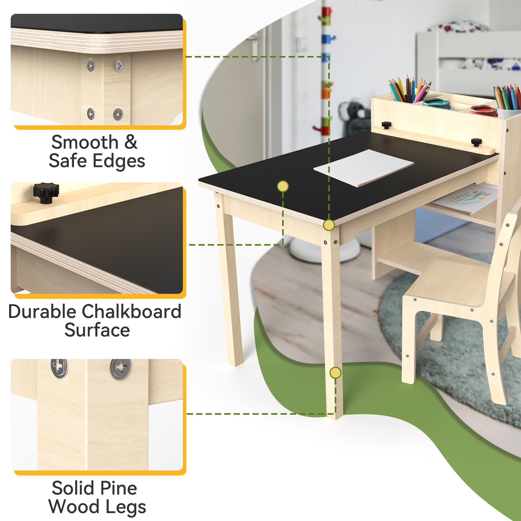 Beech Wood Kids Art Table and Chair Set with Storage