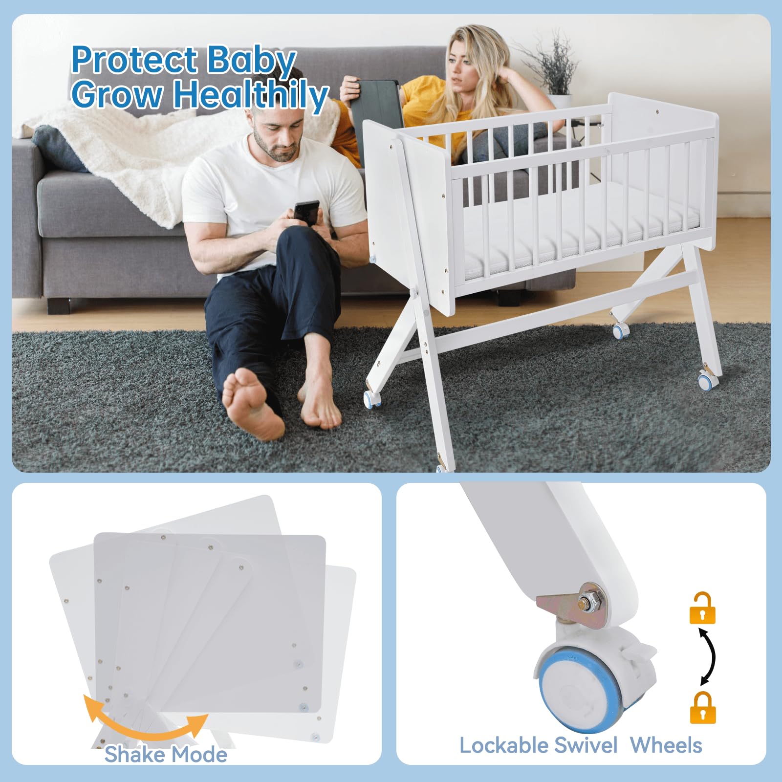 Wood Bedside Bassinet with Rocking Function