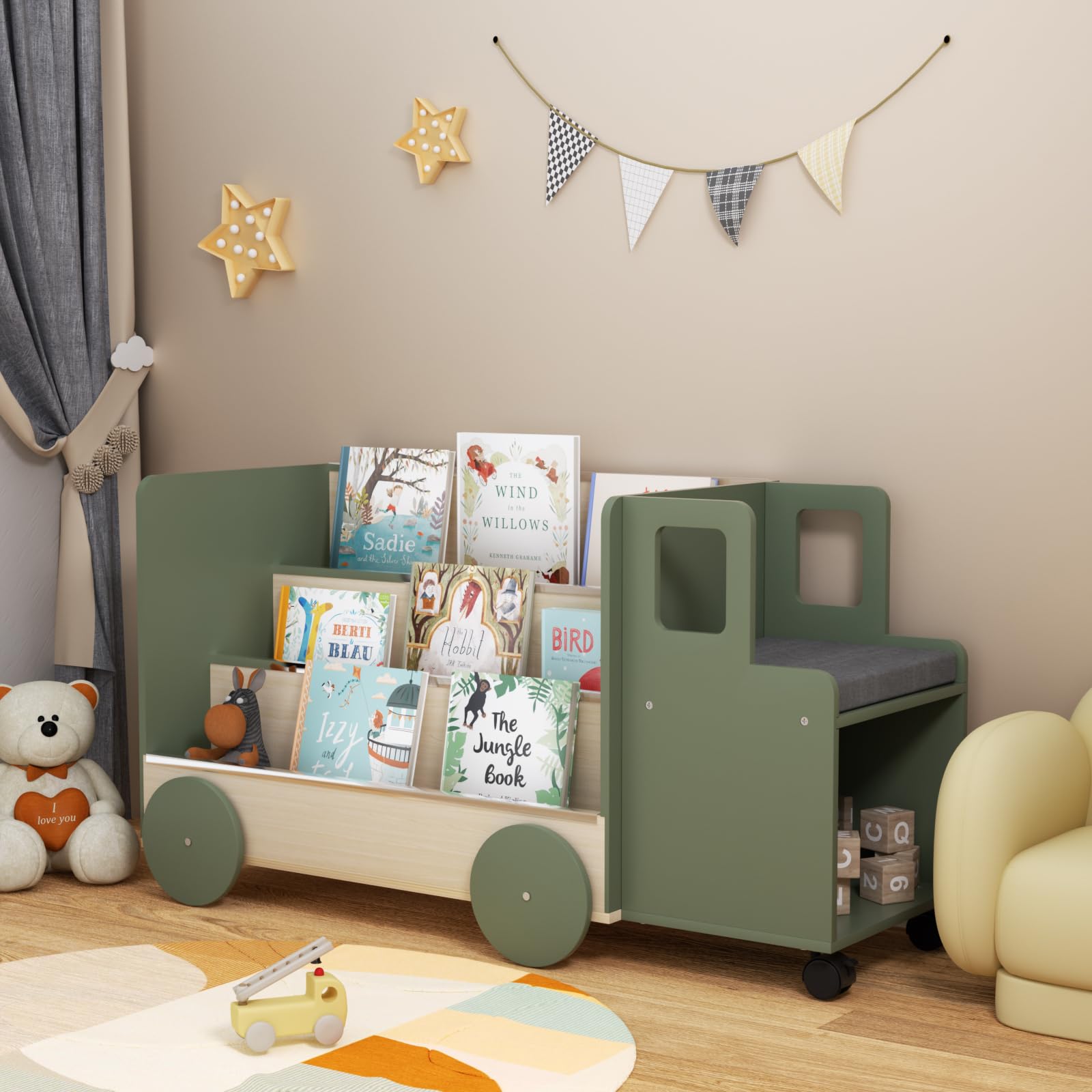 Kids Bookshelf with Locking Wheels, 3-Tier Truck Book Shelf