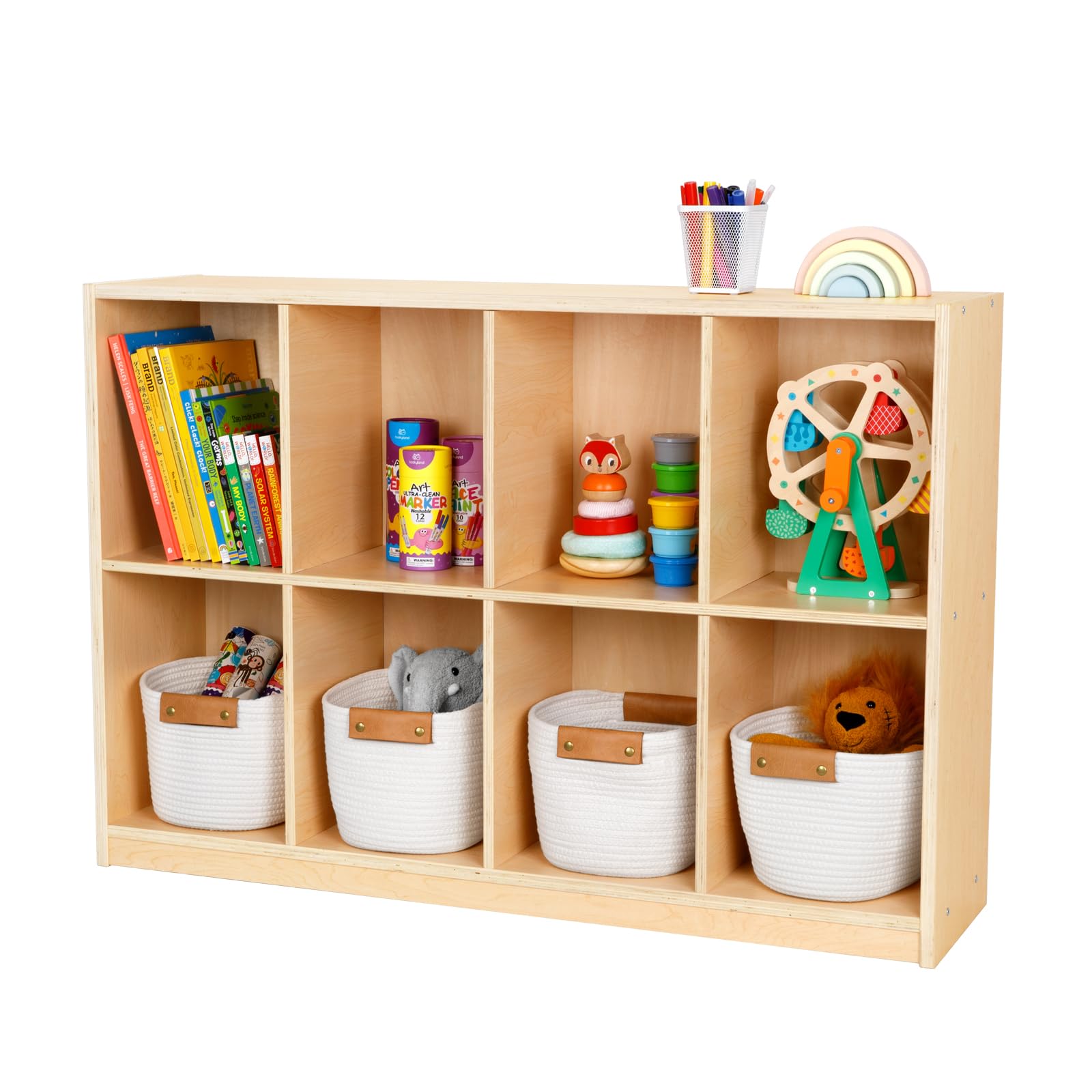 8-Compartment Wooden Storage Cabinet for Kids - Toy Organizer Bookshelf