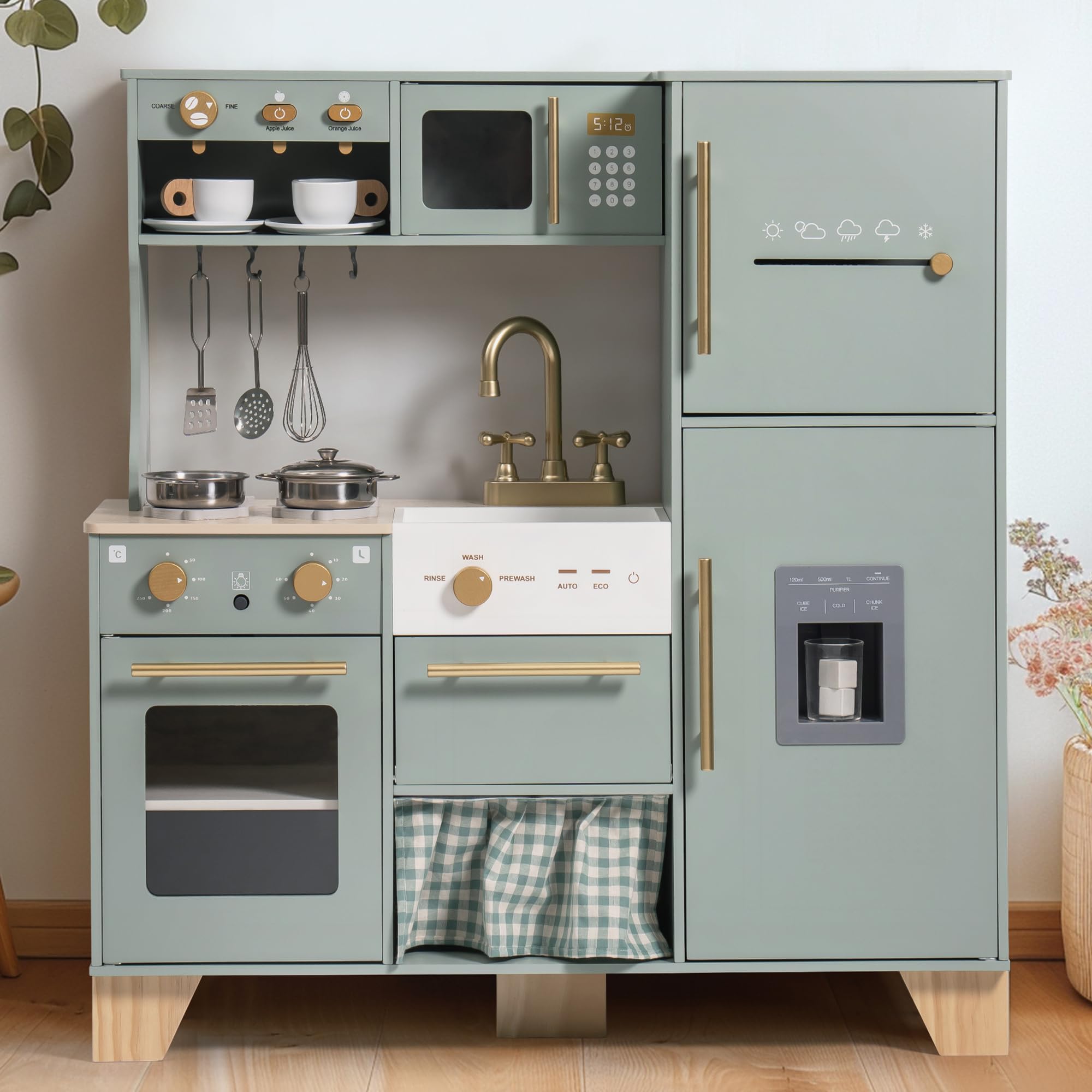 Wooden Play Kitchen for Kids Toddlers, Corner Wooden Play Kitchen with Fridge