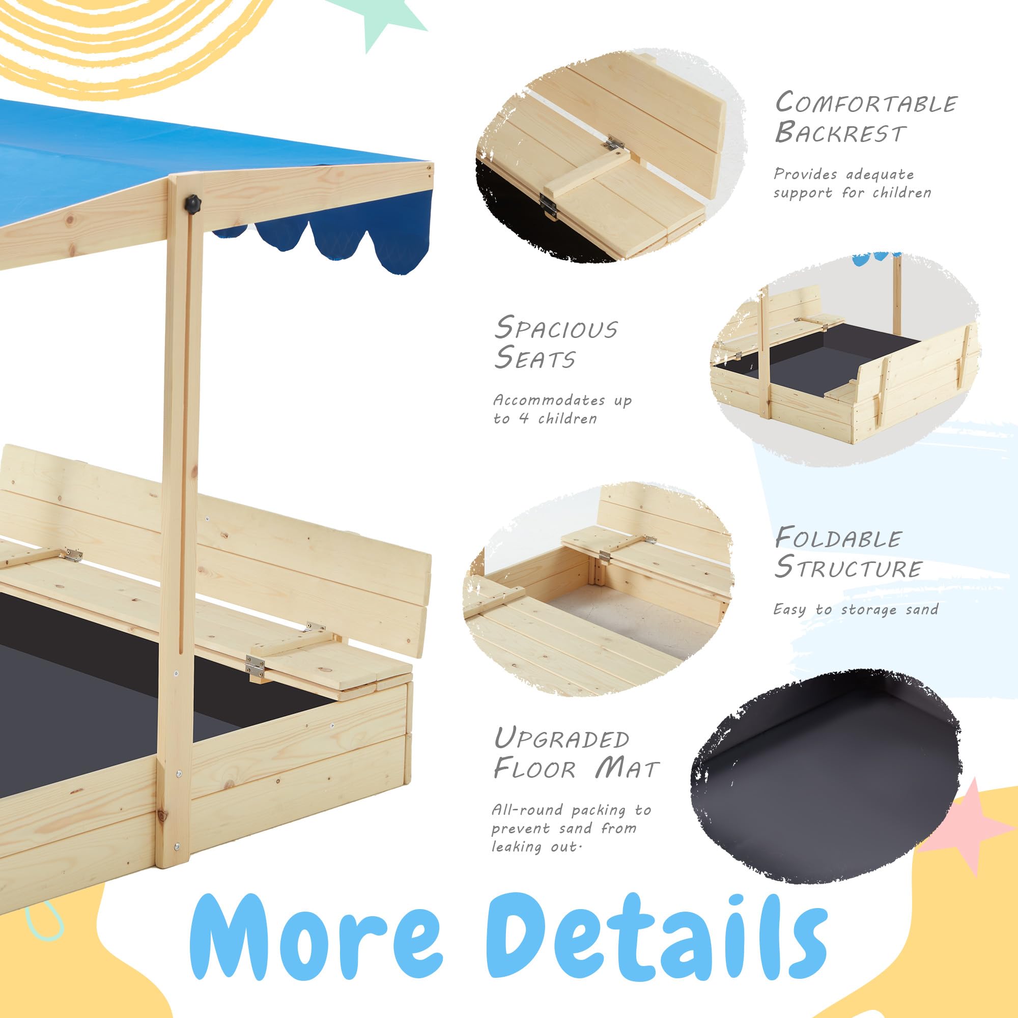 Wooden Sandbox with Canopy and Bench Seats