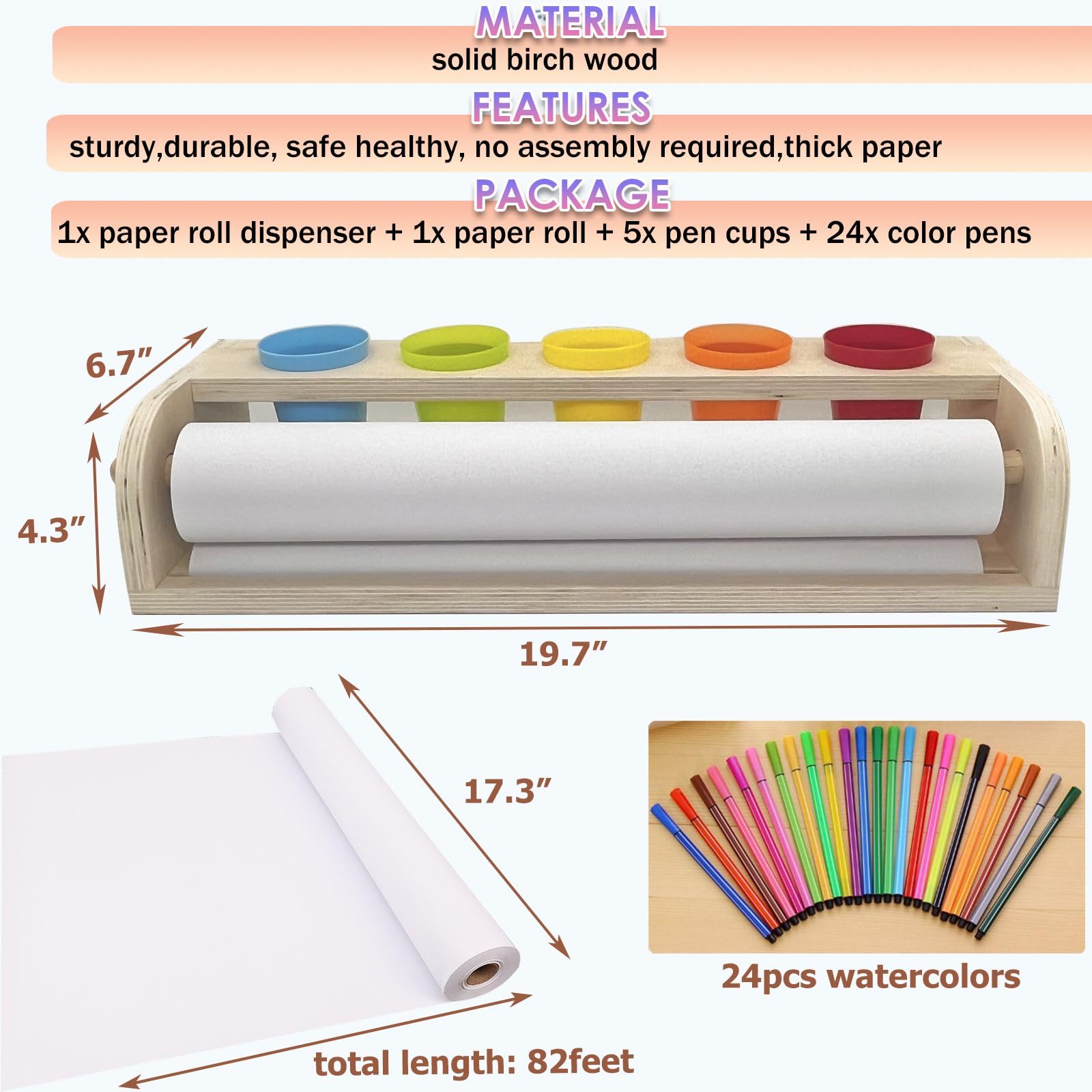 Table Top Paper Roll Dispenser with Paper 17.3inx82ft Wooden Tabletop Easel Art Paper Roll for Kids Craft Paper Holder with Pencil and Cups for Coloring Drawing