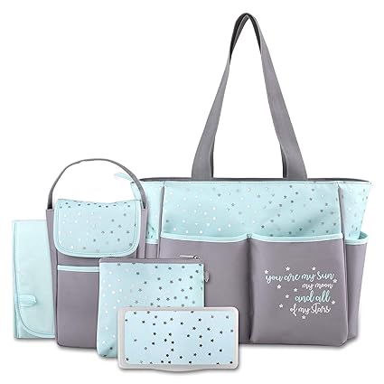 Diaper Bag Tote 5 Piece Set with Sun, Moon, and Stars, Wipes Pocket