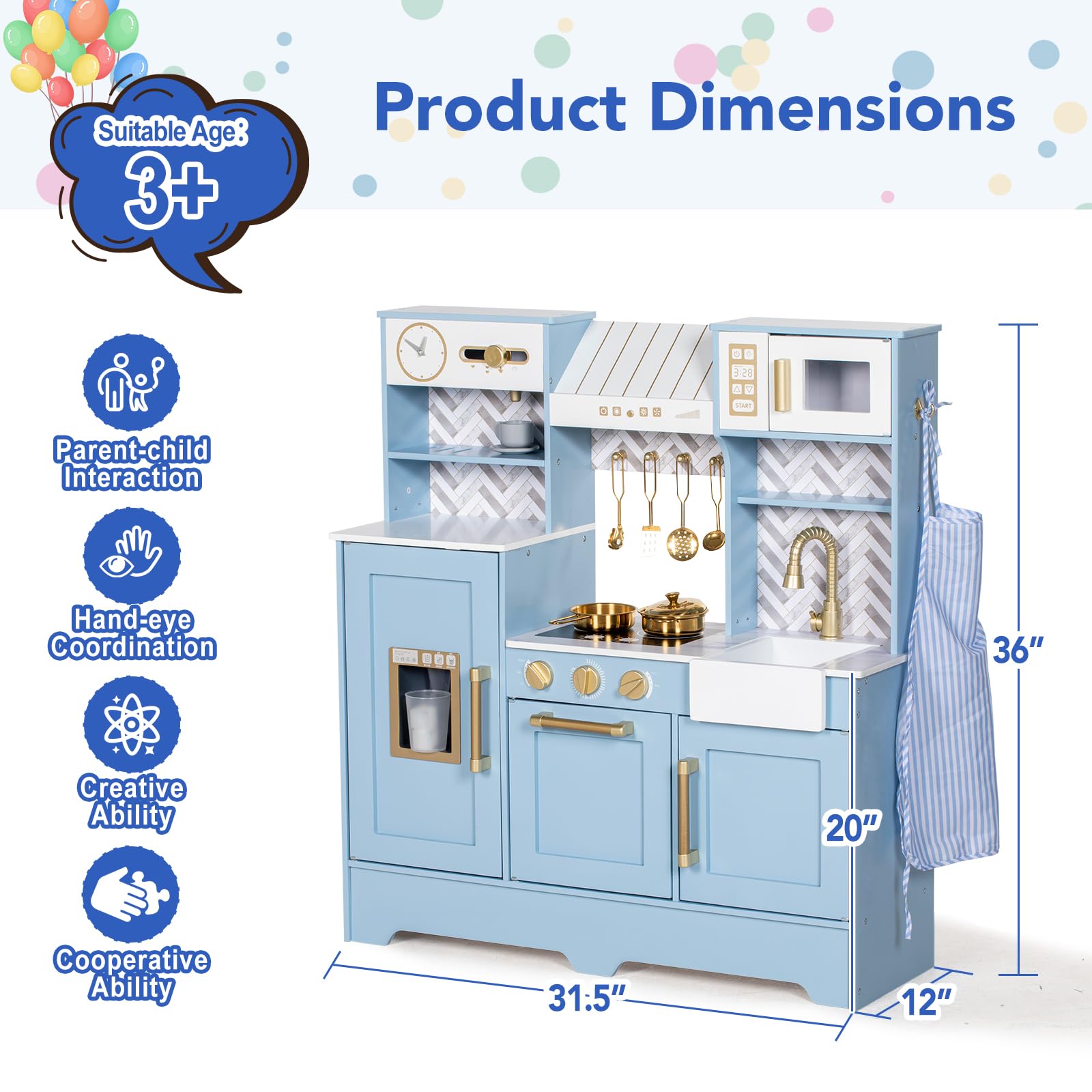 BRINJOY Play Kitchen for Kids, Wooden Children Kitchen Playset w/Coffee Maker, Oven, Stove, Sink, Apron, Ice Maker, Cookware, Kids Toy Kitchen Set for Toddler Girls Boys Pretend Play Toy Gift Ages 3+