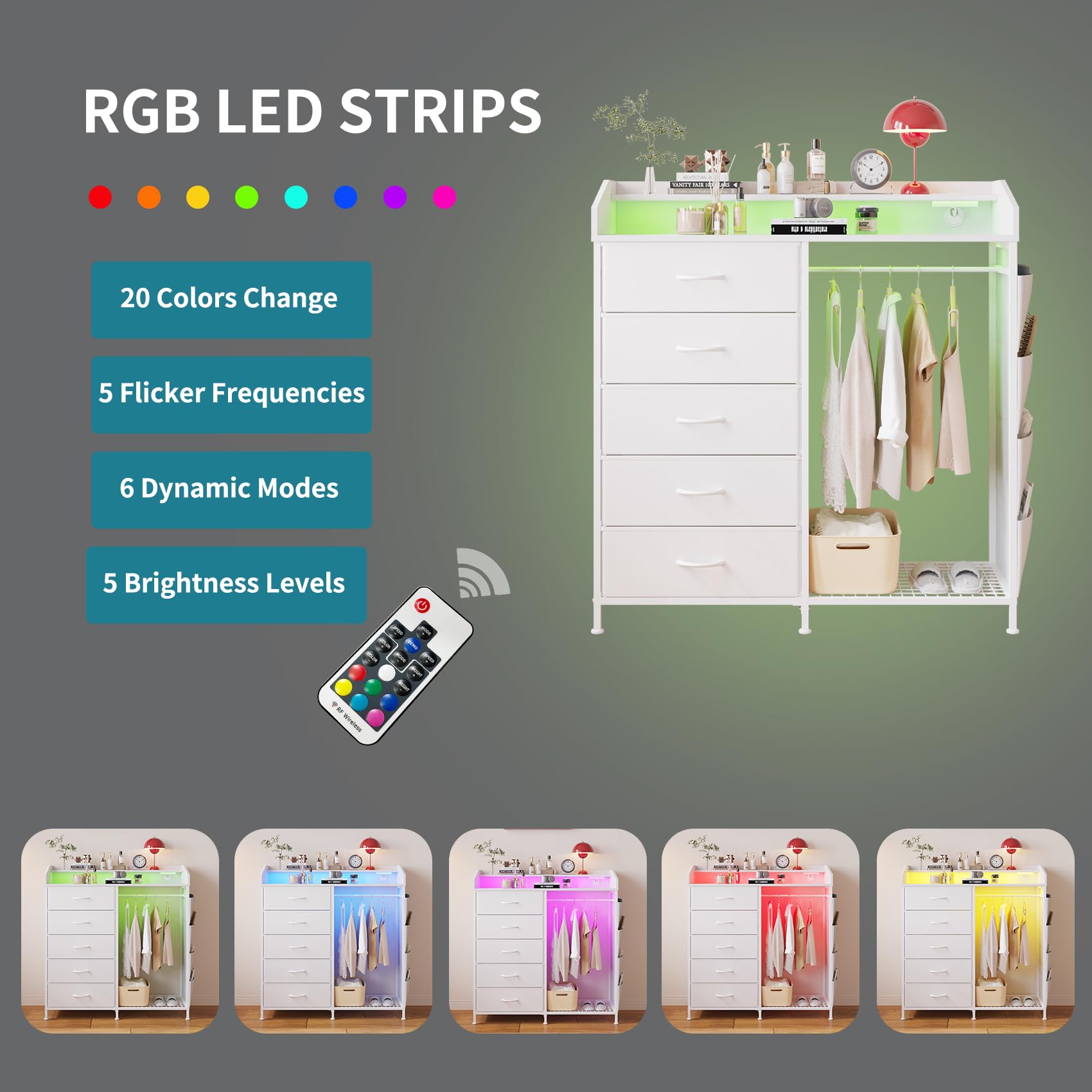 5 Drawer Dresser with LED Hanging Rack
