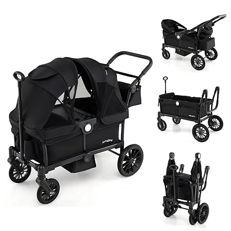 Wagon Stroller for 2 Kids, Collapsible Push Pull Double Stroller Wagon