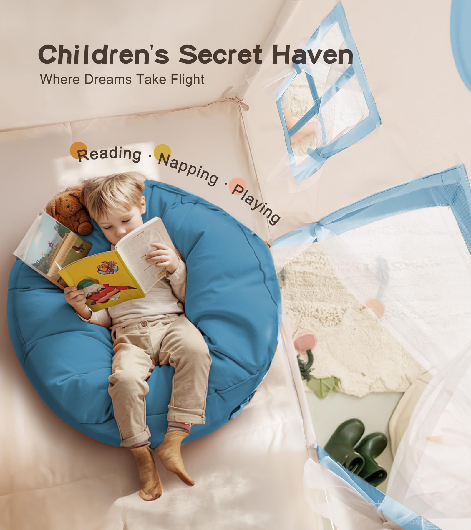 Large Kids Play Tent with Mat and Star Lights