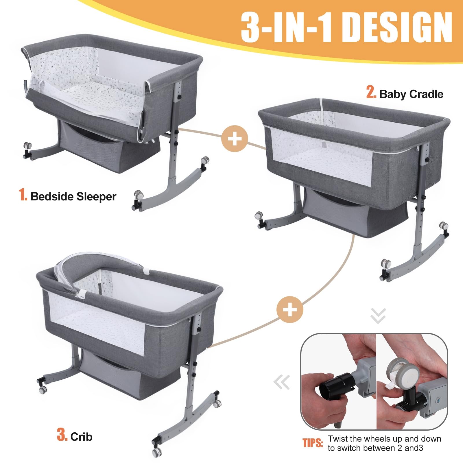 Height Adjustable Bedside Bassinet with Mosquito Net