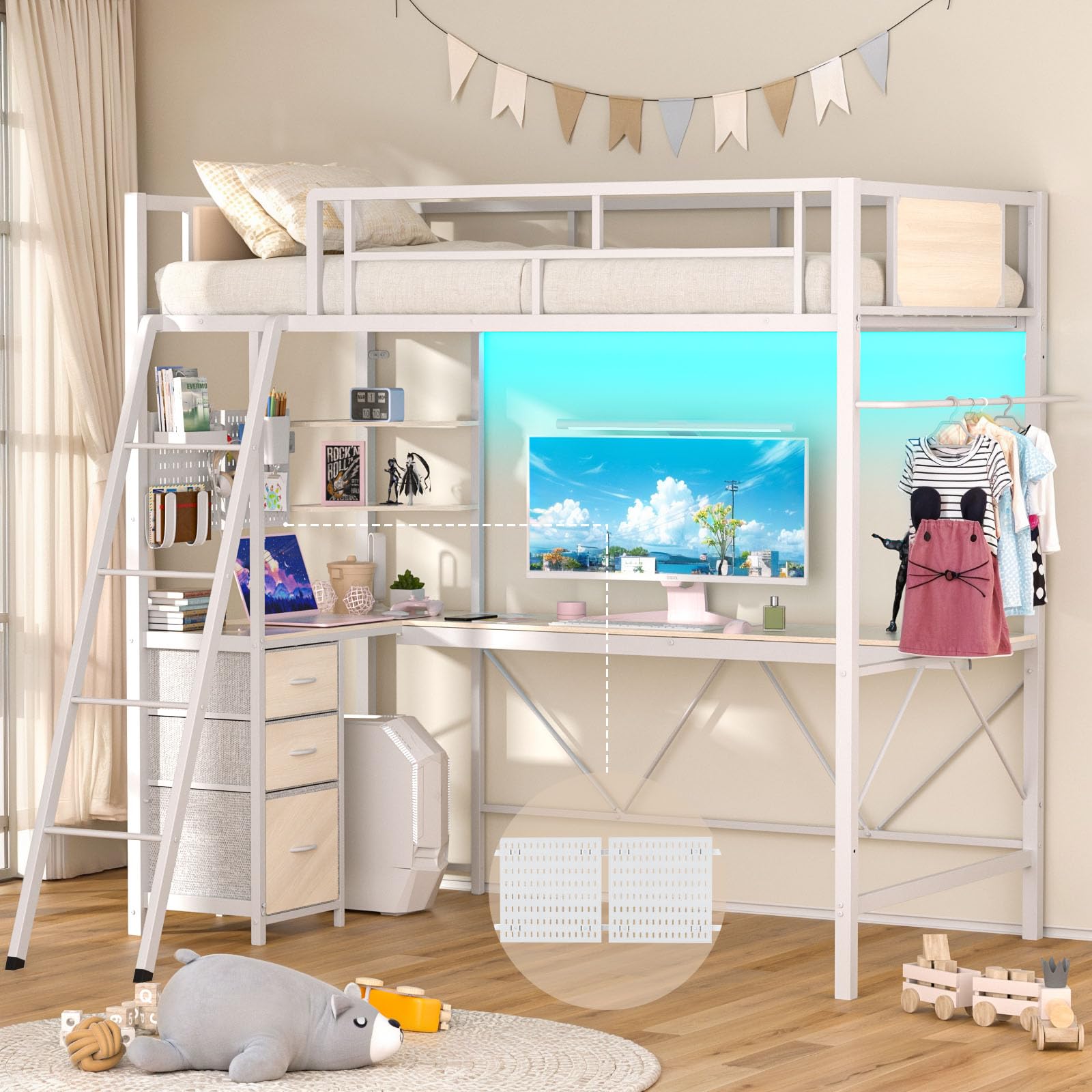 Loft Bed Twin Size with L-Shaped Desk, LED Lights