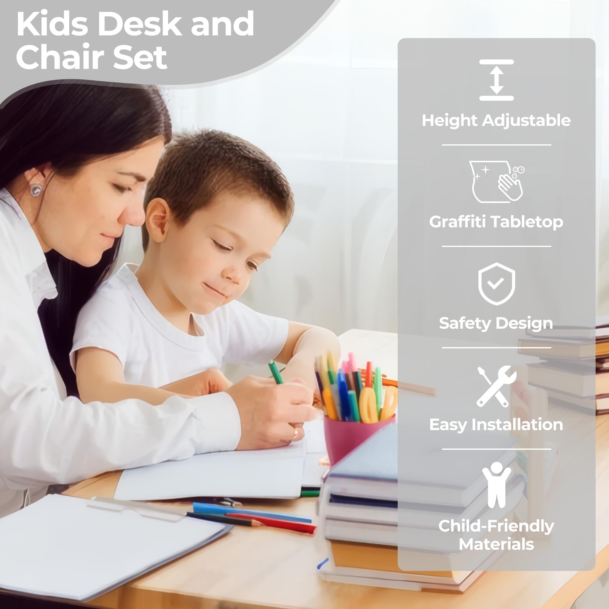Height Adjustable Kids Desk and Chair Set with Bookshelf