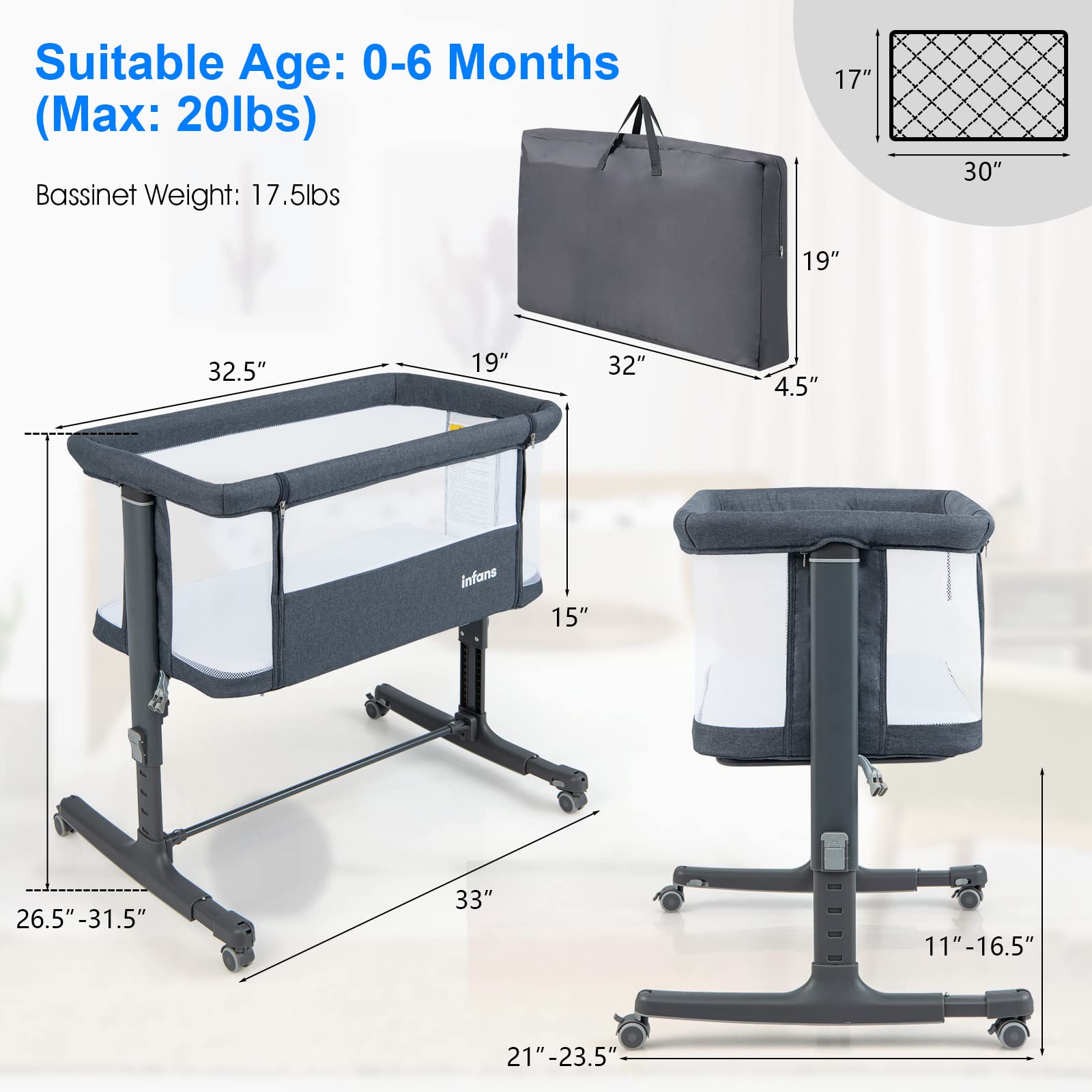 3-in-1 Baby Bassinet Bedside Sleeper with Wheels
