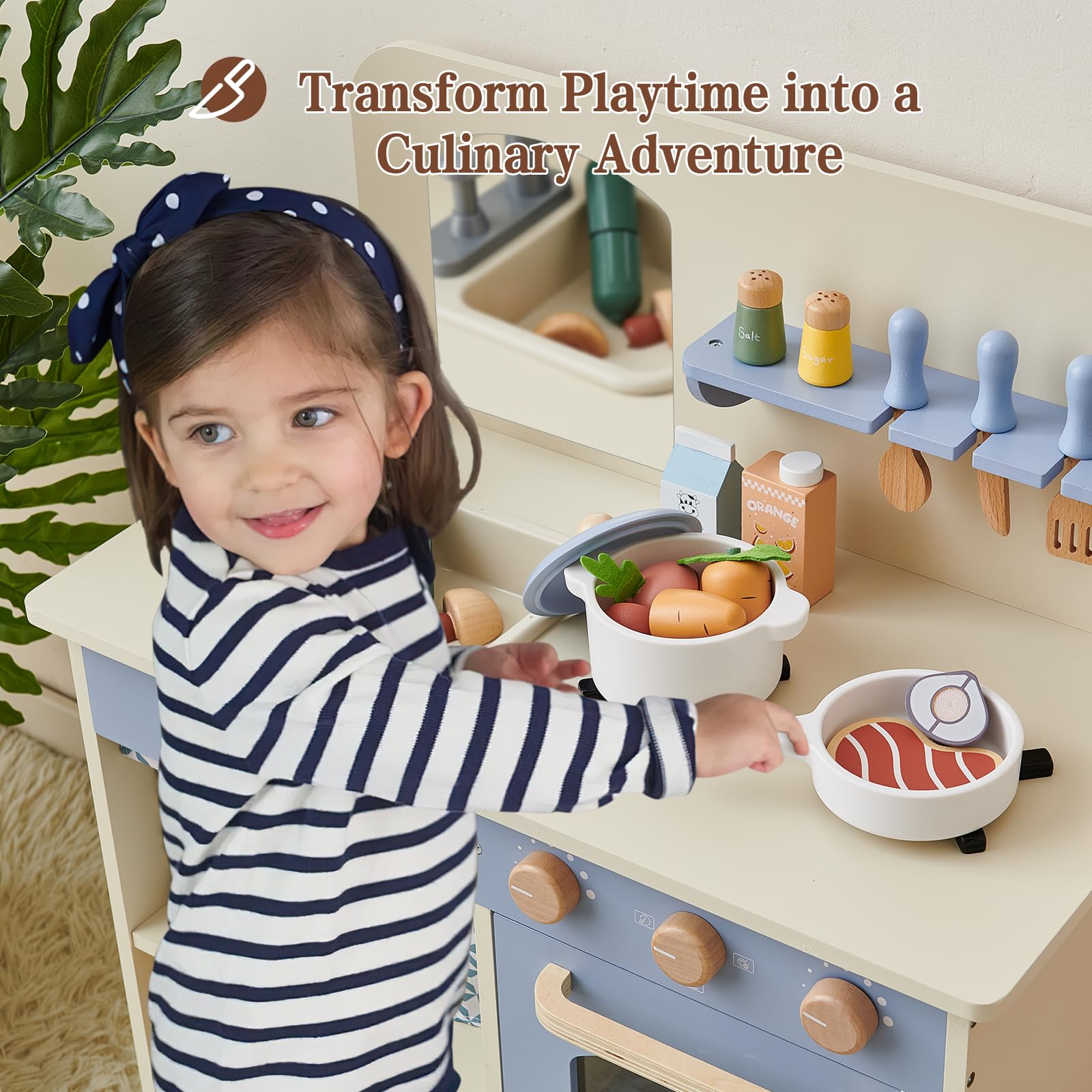 Joylike Wooden Kitchen Playset for Kids, Toddler Play Kitchen with 32Pcs Accessories Cutting Food Set, Stove & Water Sink, Pretend Play Toy for Kids Ages 3+