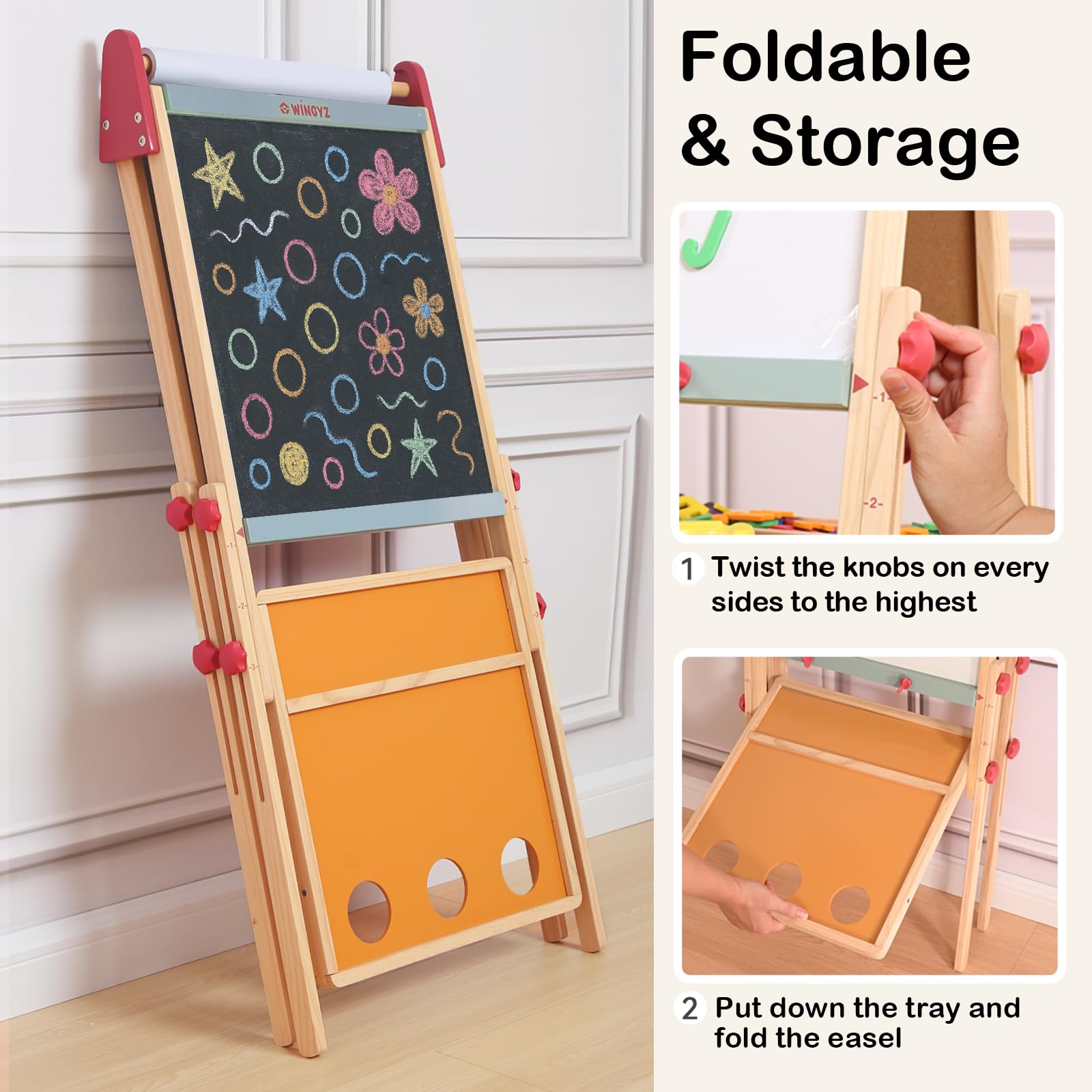 Wingyz 3-in-1 Adjustable Kids Art Easel with Magnetic Whiteboard & Chalkboard - Double-Side Wooden Drawing Board, 3 Paint Pots & Eraser - Creative Gift for Toddlers Ages 2-4, 4-8, 8-12