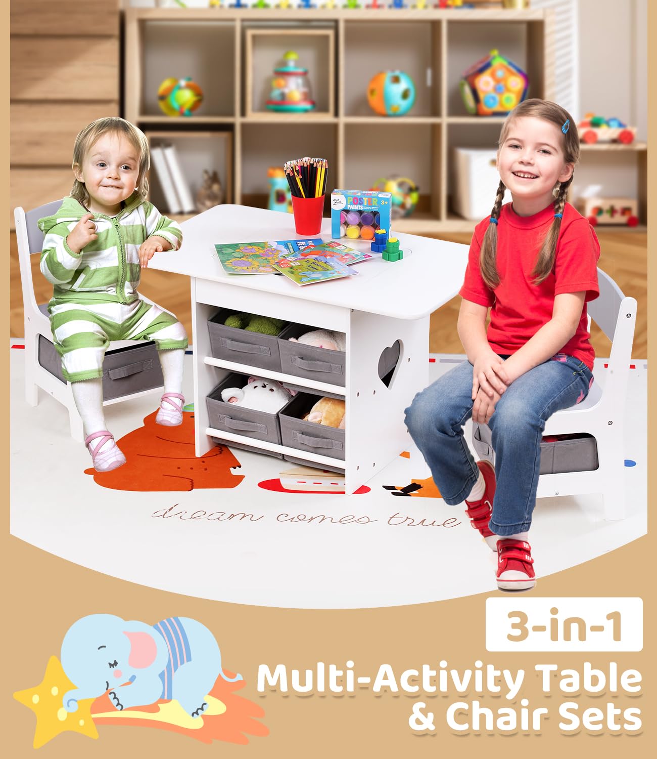 Kids Table and Chair Set with Storage Bins