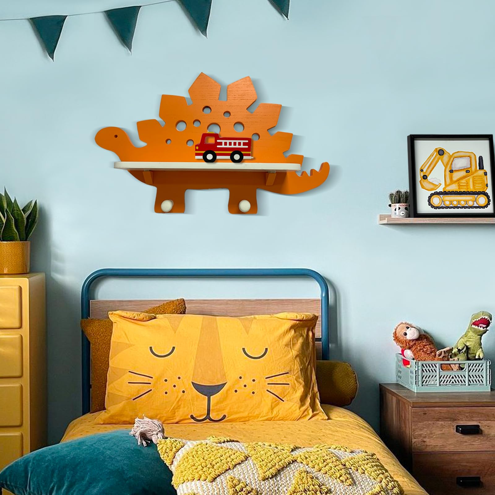 Dinosaur Wooden Wall Shelf Parlor Boudior Children's Decorative Orange Dinosaur Wall Shelf with Hanging Pegs