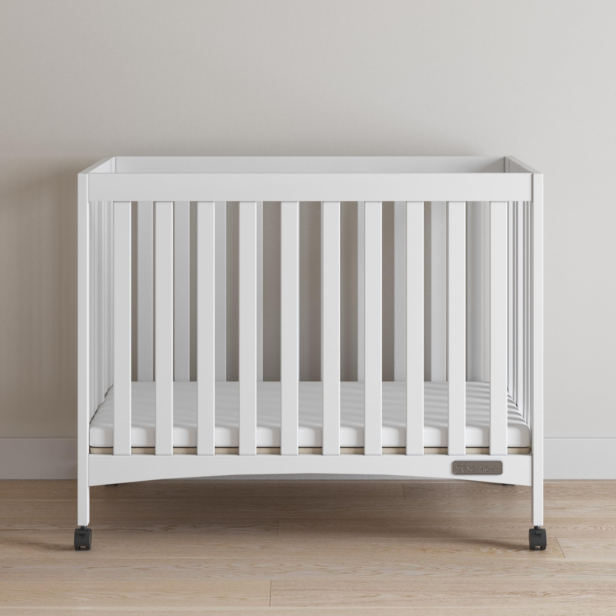 Mini Compact Folding Portable Crib with 2” Crib Mattress and 2 Easy Roll